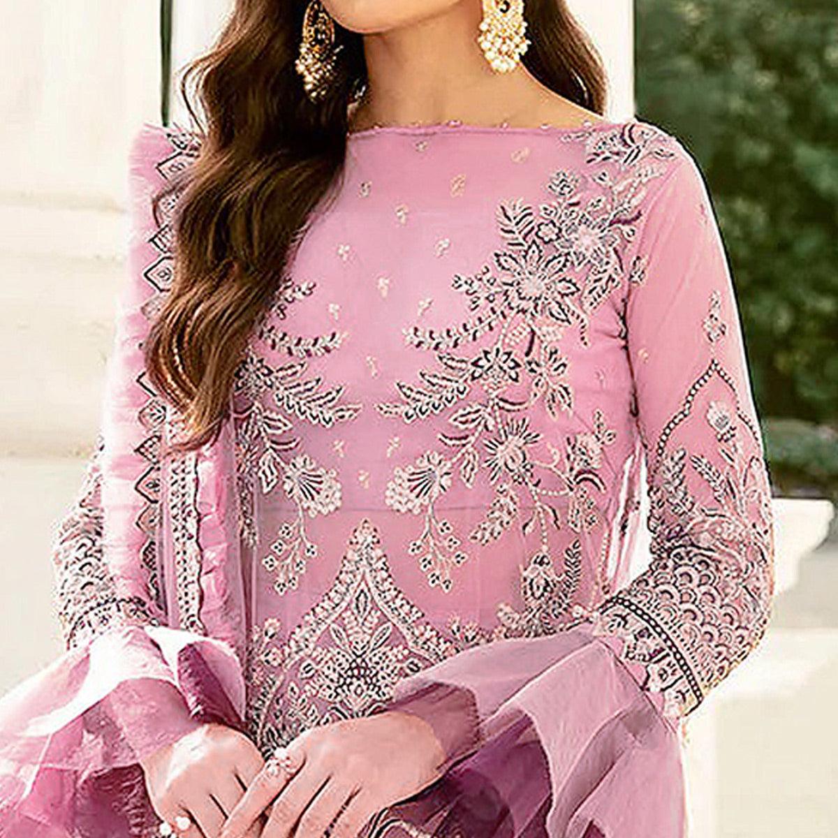 Pink Embroidered Netted Pakistani Suit - Peachmode