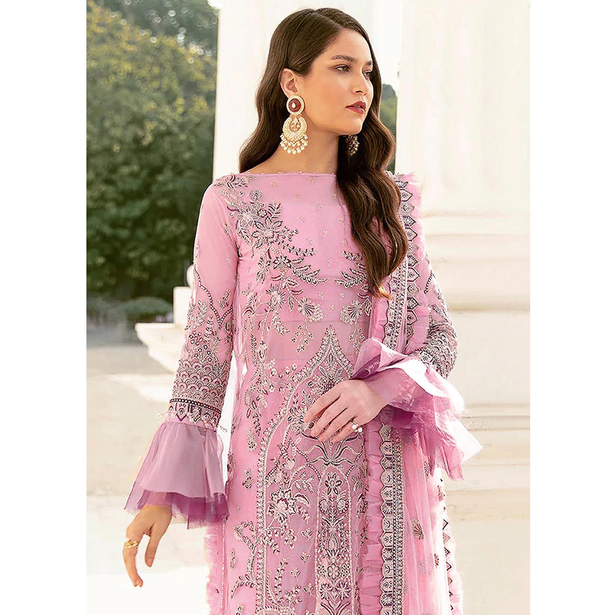 Pink Embroidered Netted Pakistani Suit - Peachmode