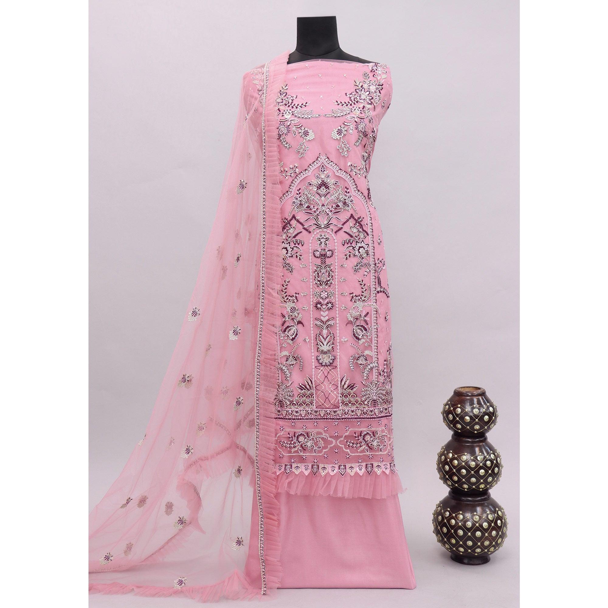 Pink Embroidered Netted Pakistani Suit - Peachmode