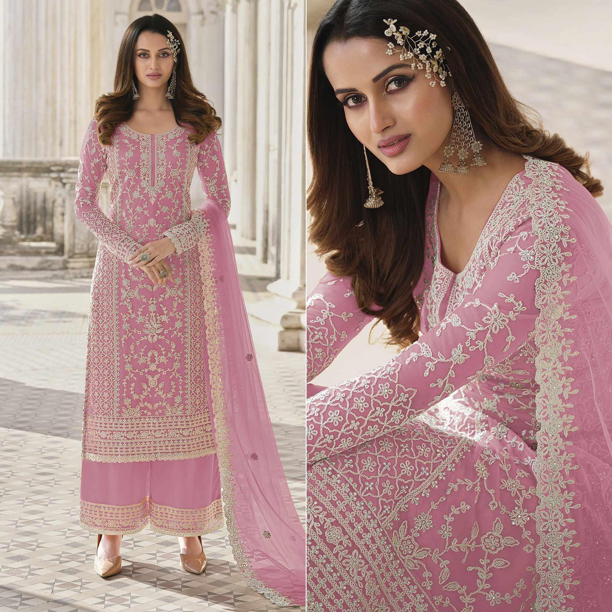 Pink Embroidered Netted Palazzo Suit - Peachmode