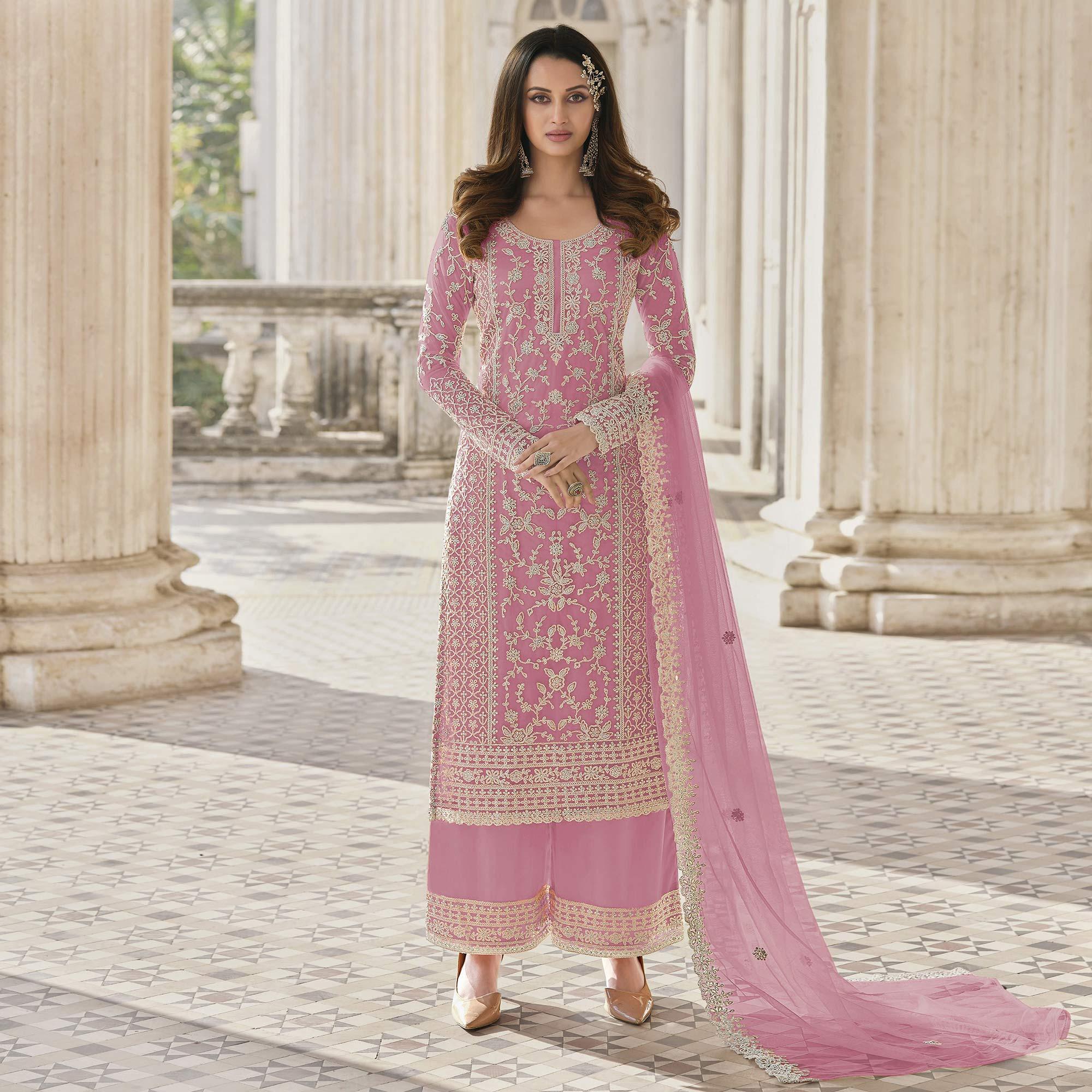 Pink Embroidered Netted Palazzo Suit - Peachmode