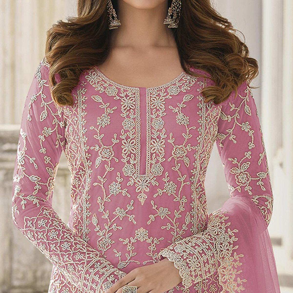 Pink Embroidered Netted Palazzo Suit - Peachmode