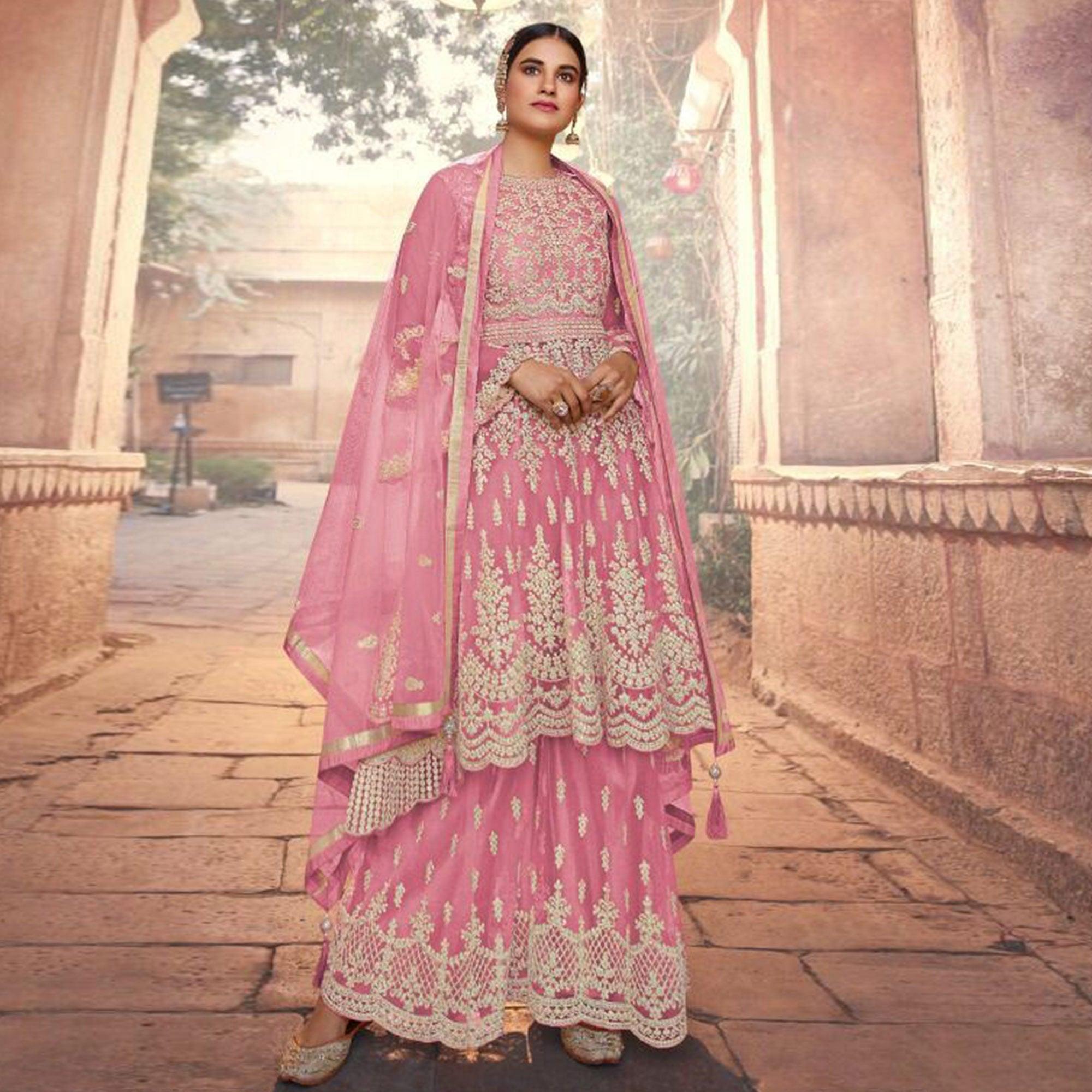 Pink Embroidered Netted Sharara Suit - Peachmode