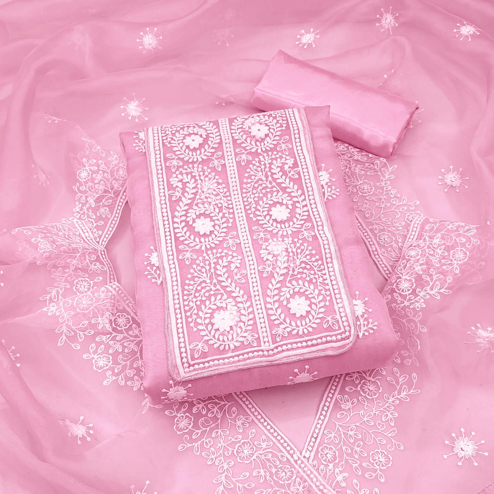 Pink Embroidered Organza Dress Material - Peachmode