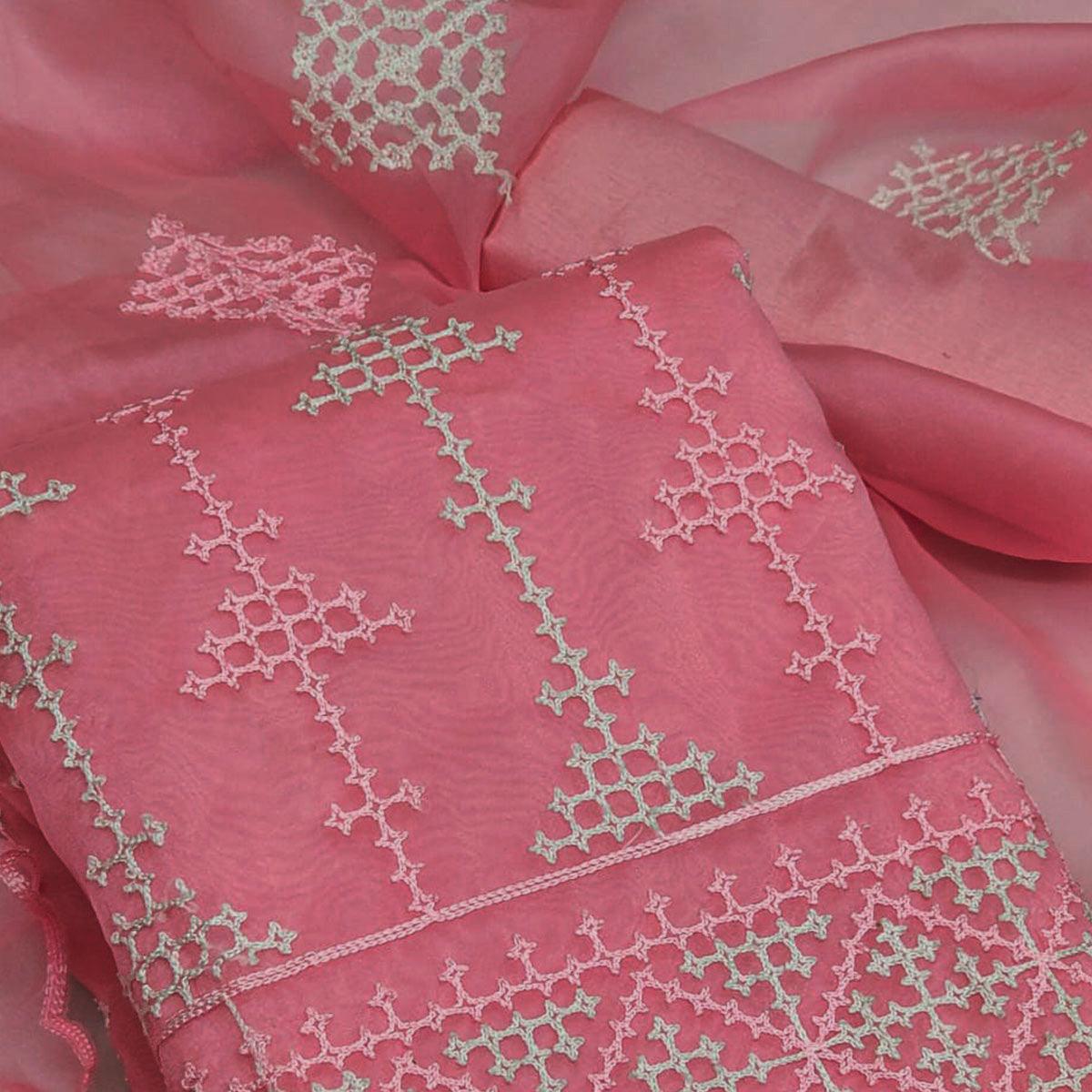 Pink Embroidered Organza Dress Material - Peachmode