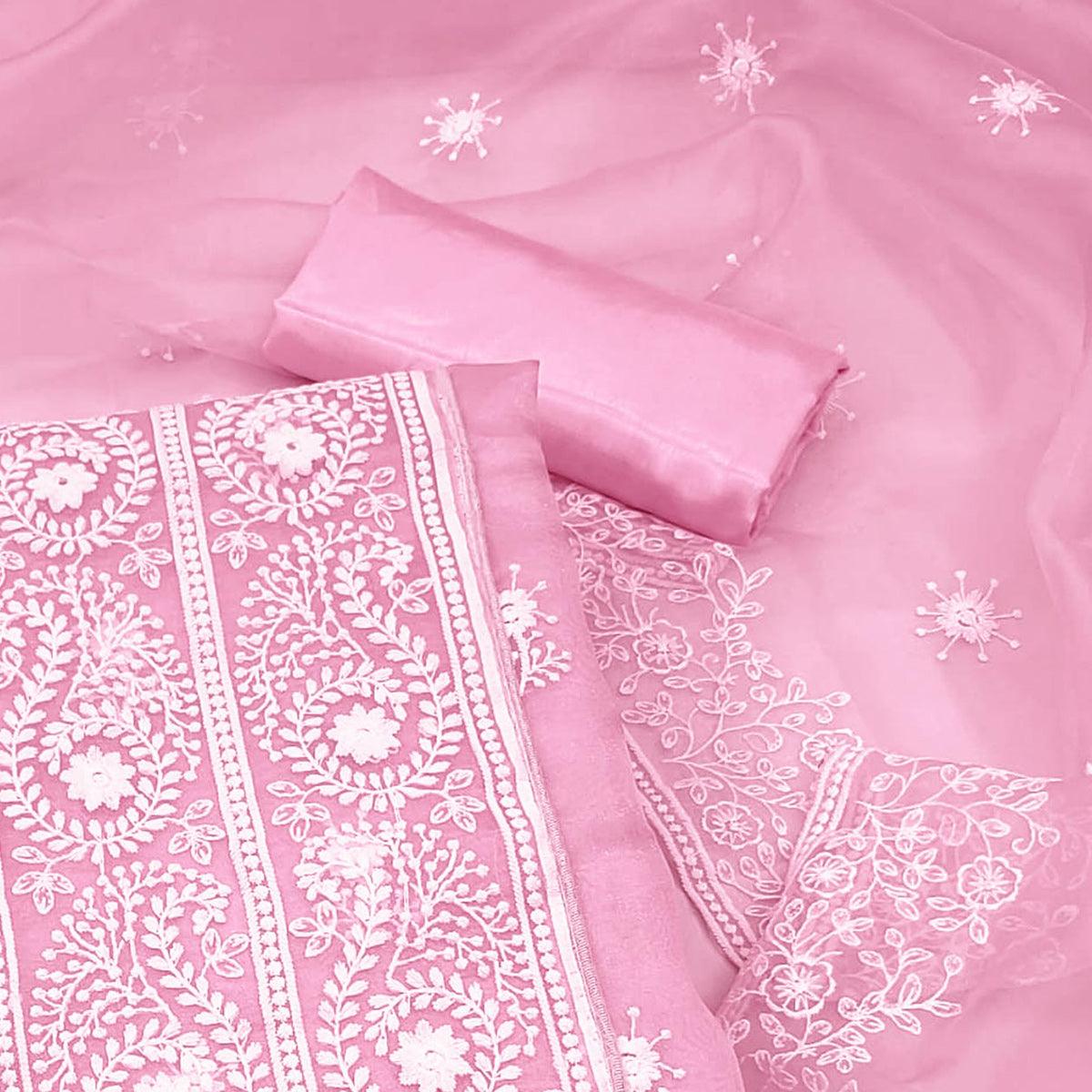 Pink Embroidered Organza Dress Material - Peachmode