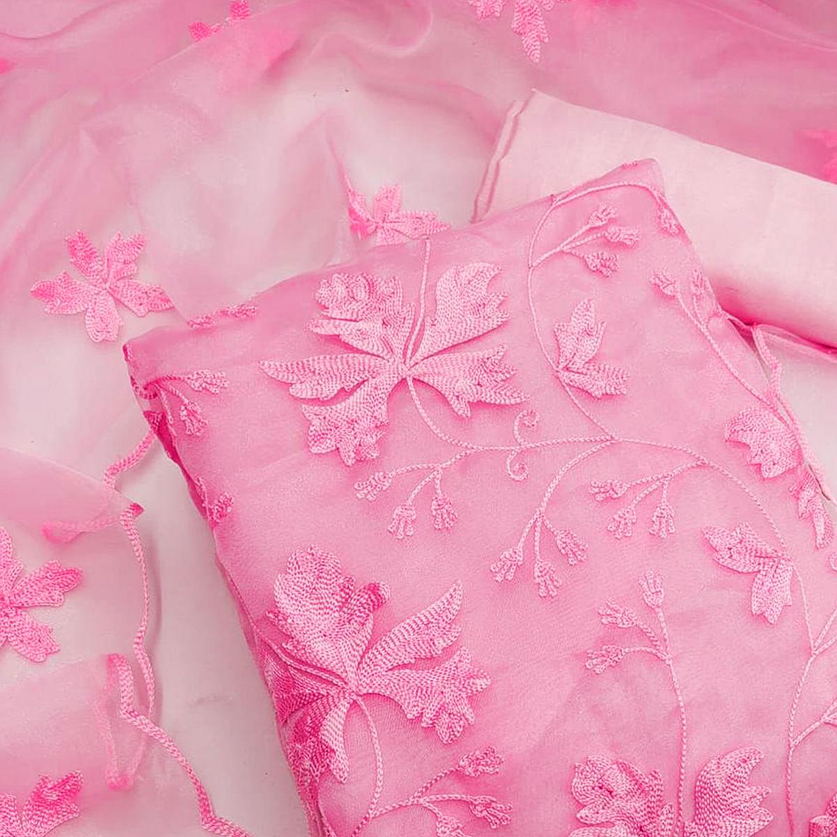Pink Embroidered Organza Dress Material - Peachmode