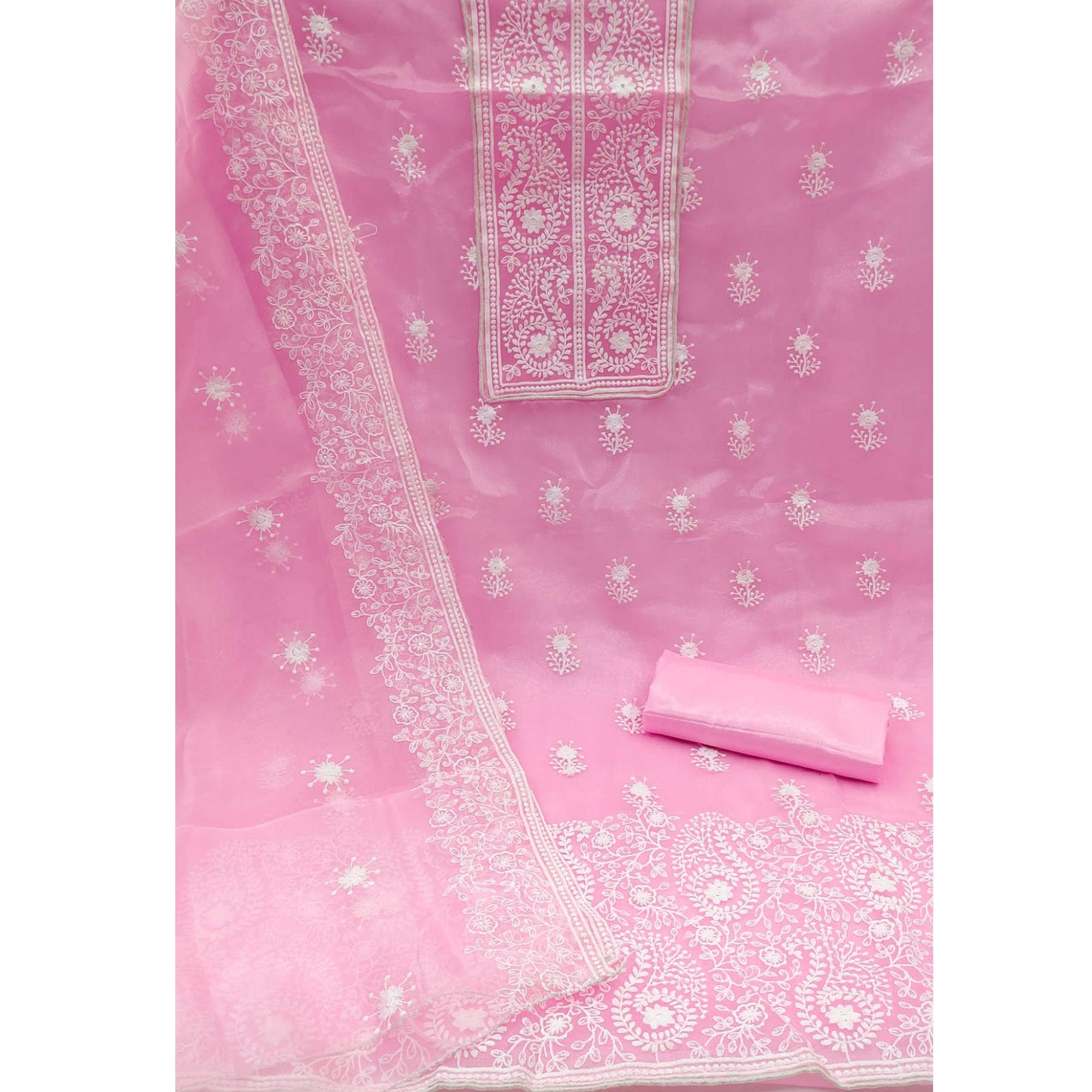 Pink Embroidered Organza Dress Material - Peachmode