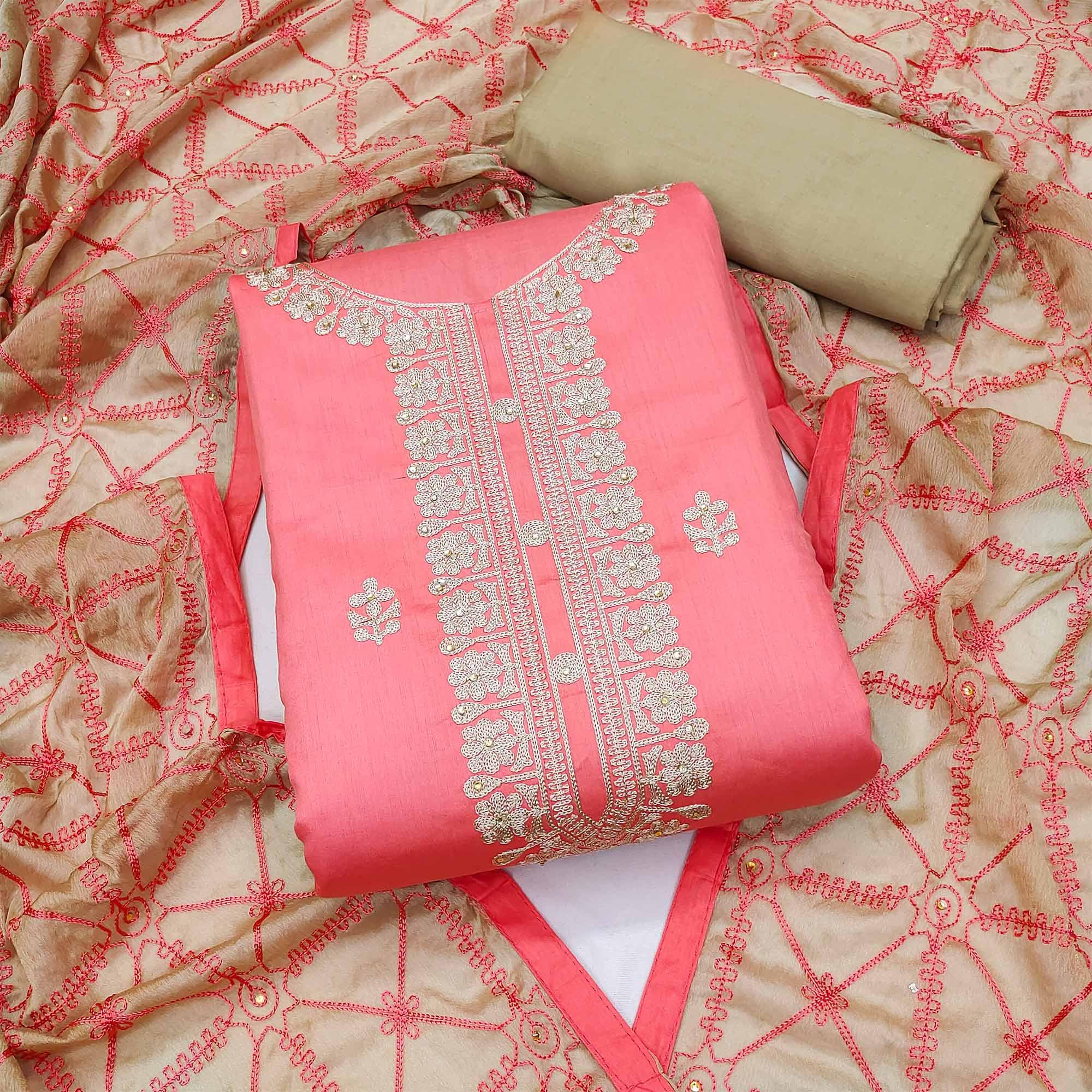 Pink Embroidered Poly Cotton Dress Material - Peachmode