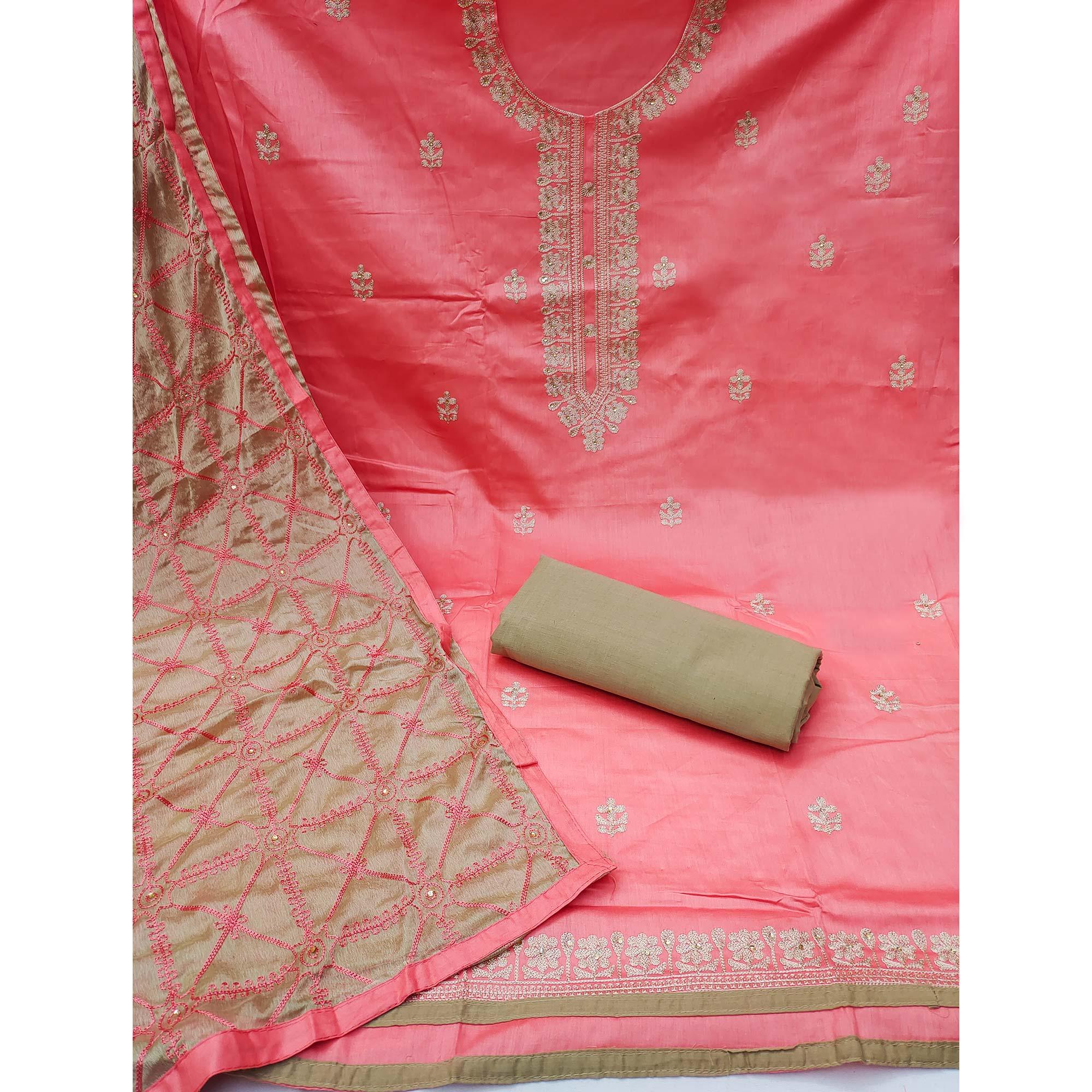 Pink Embroidered Poly Cotton Dress Material - Peachmode