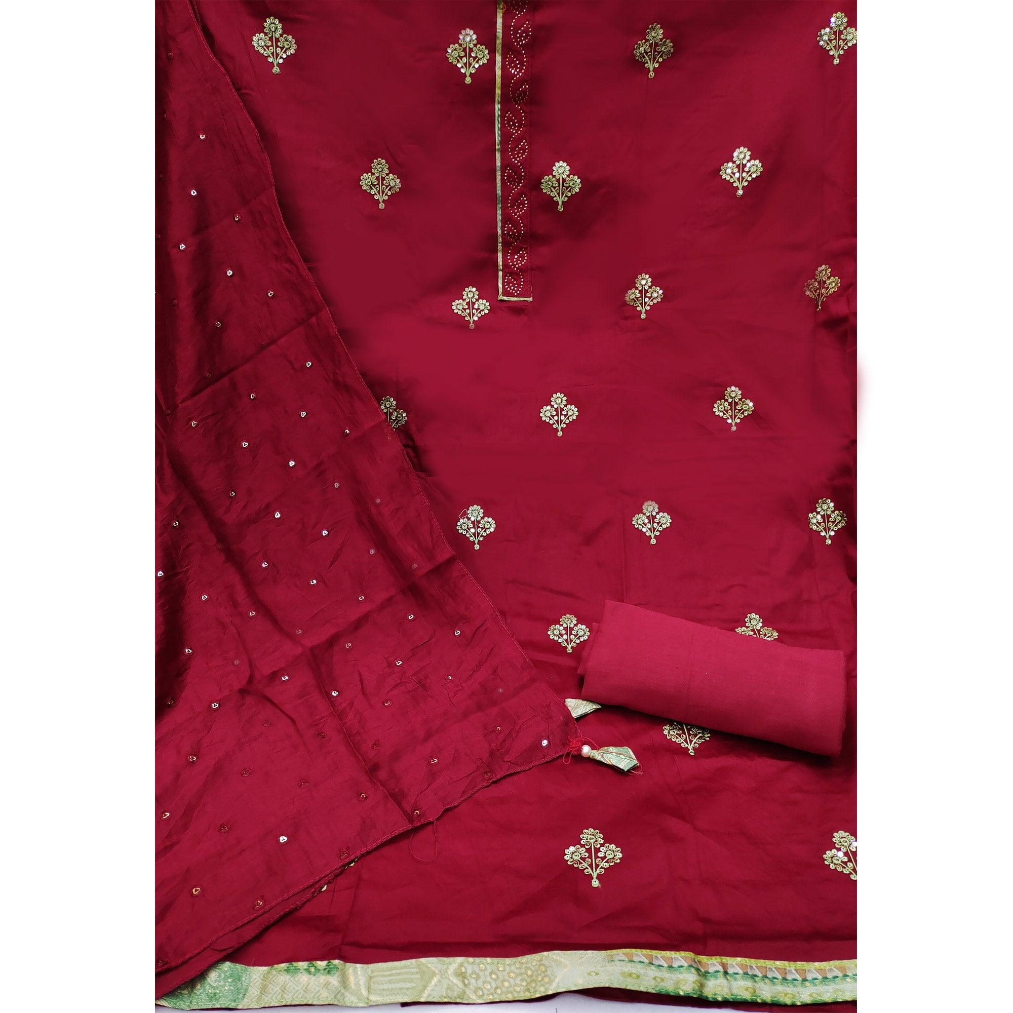 Pink Embroidered Poly Cotton Dress Material - Peachmode
