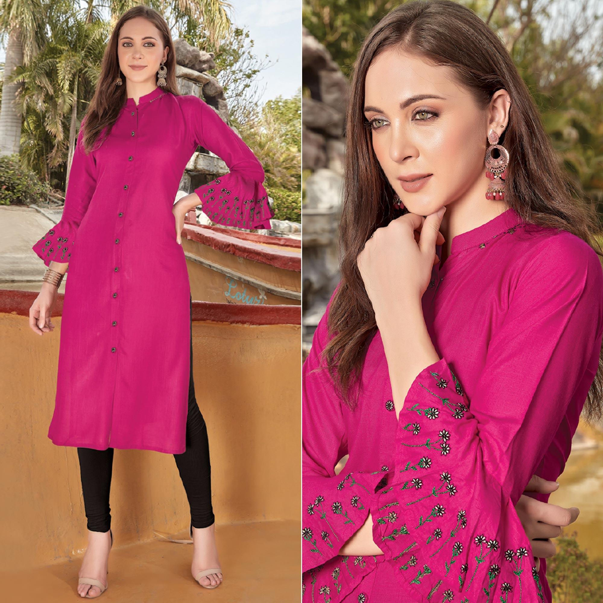 Pink Embroidered Poly Cotton Kurti - Peachmode