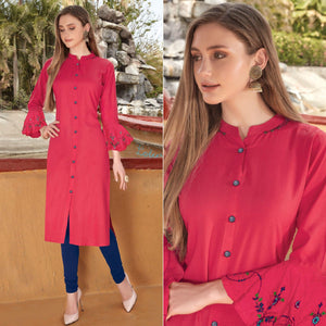 Pink Embroidered Poly Cotton Kurti - Peachmode