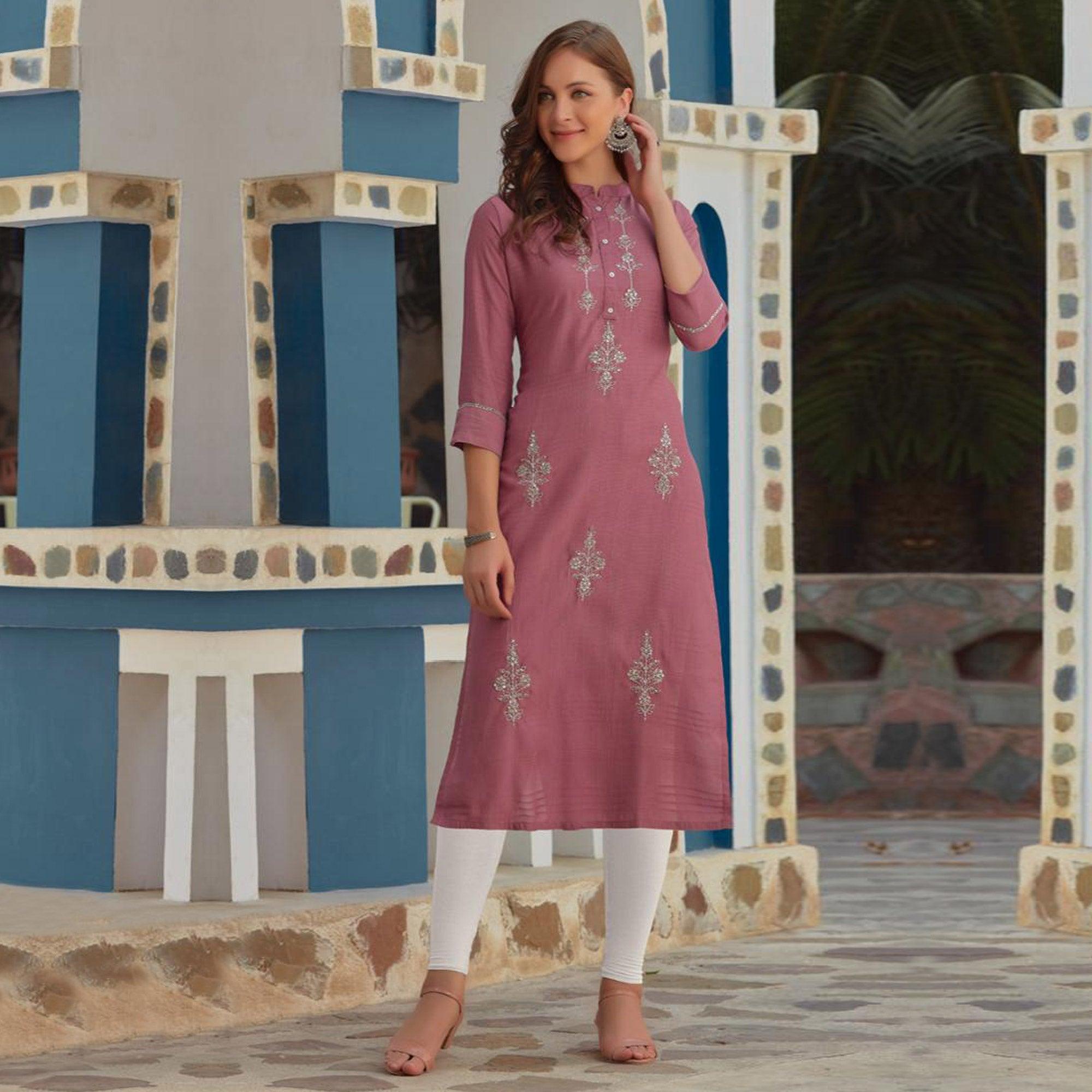 Pink Embroidered Poly Cotton Kurti - Peachmode