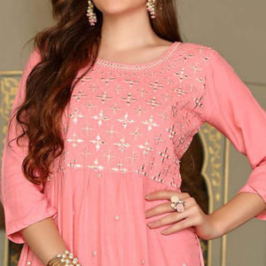 Pink Embroidered Poly Cotton Kurti - Peachmode