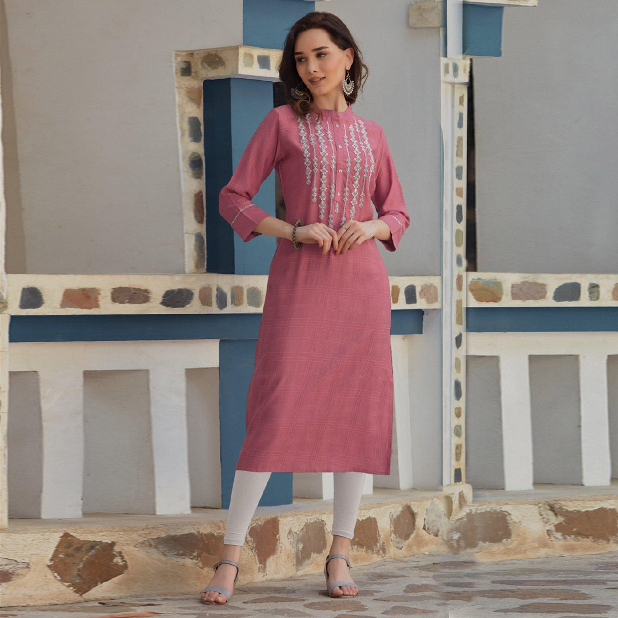 Pink Embroidered Poly Cotton Kurti - Peachmode