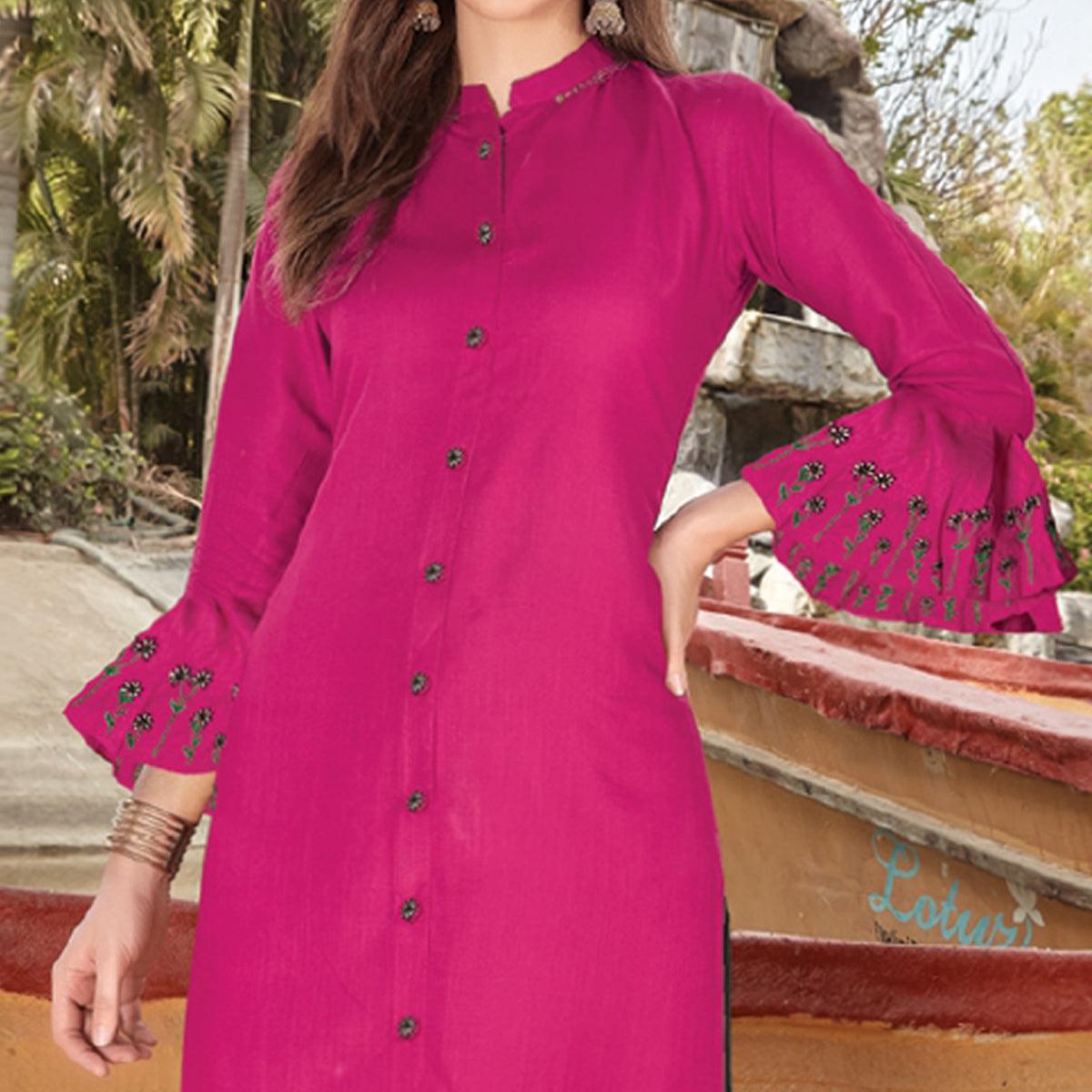 Pink Embroidered Poly Cotton Kurti - Peachmode
