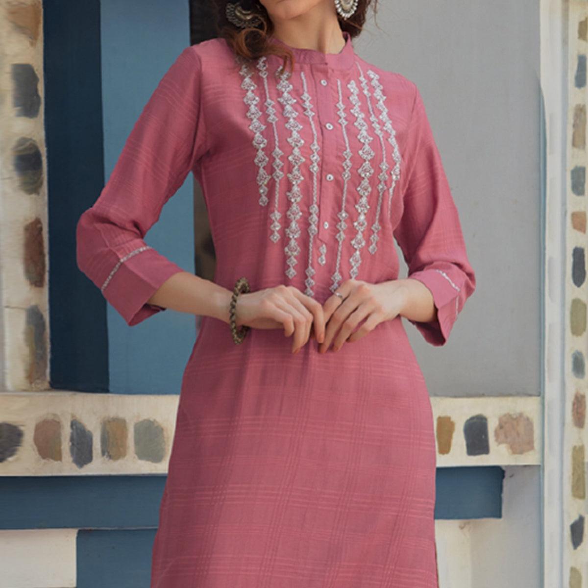 Pink Embroidered Poly Cotton Kurti - Peachmode