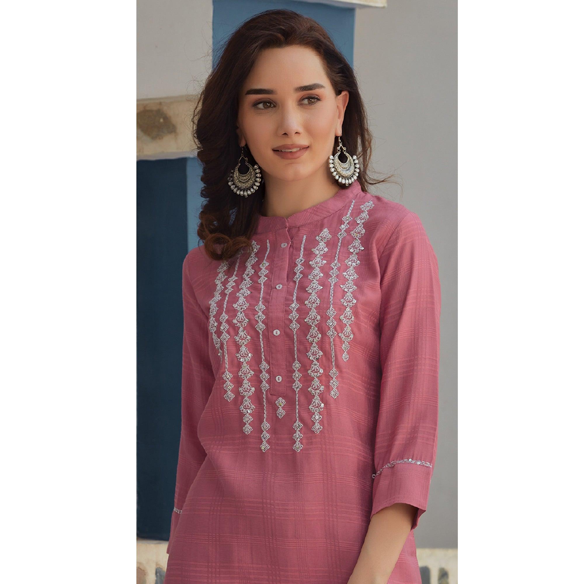 Pink Embroidered Poly Cotton Kurti - Peachmode