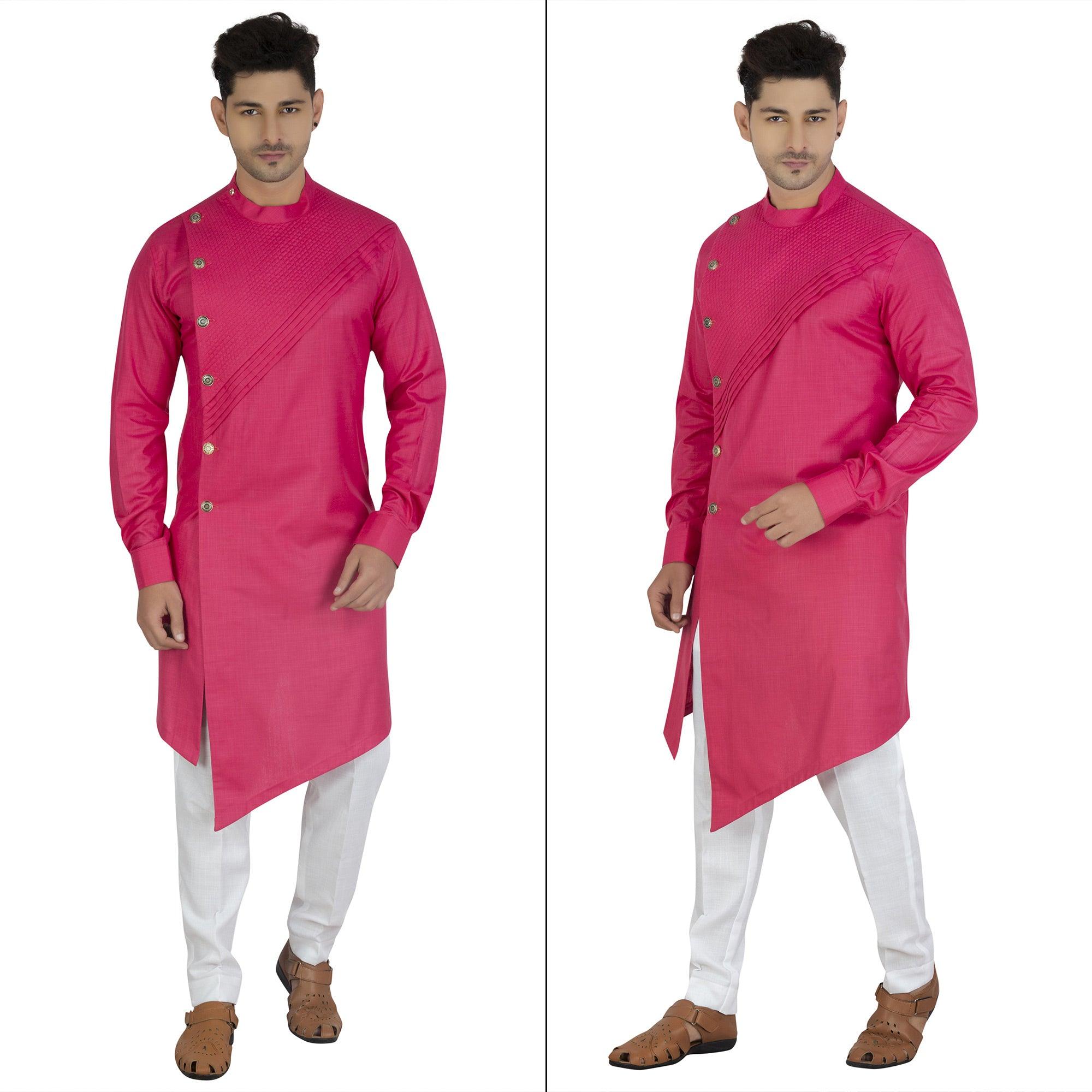 Pink Embroidered Poly Cotton Men's Kurta Pyjama Set - Peachmode