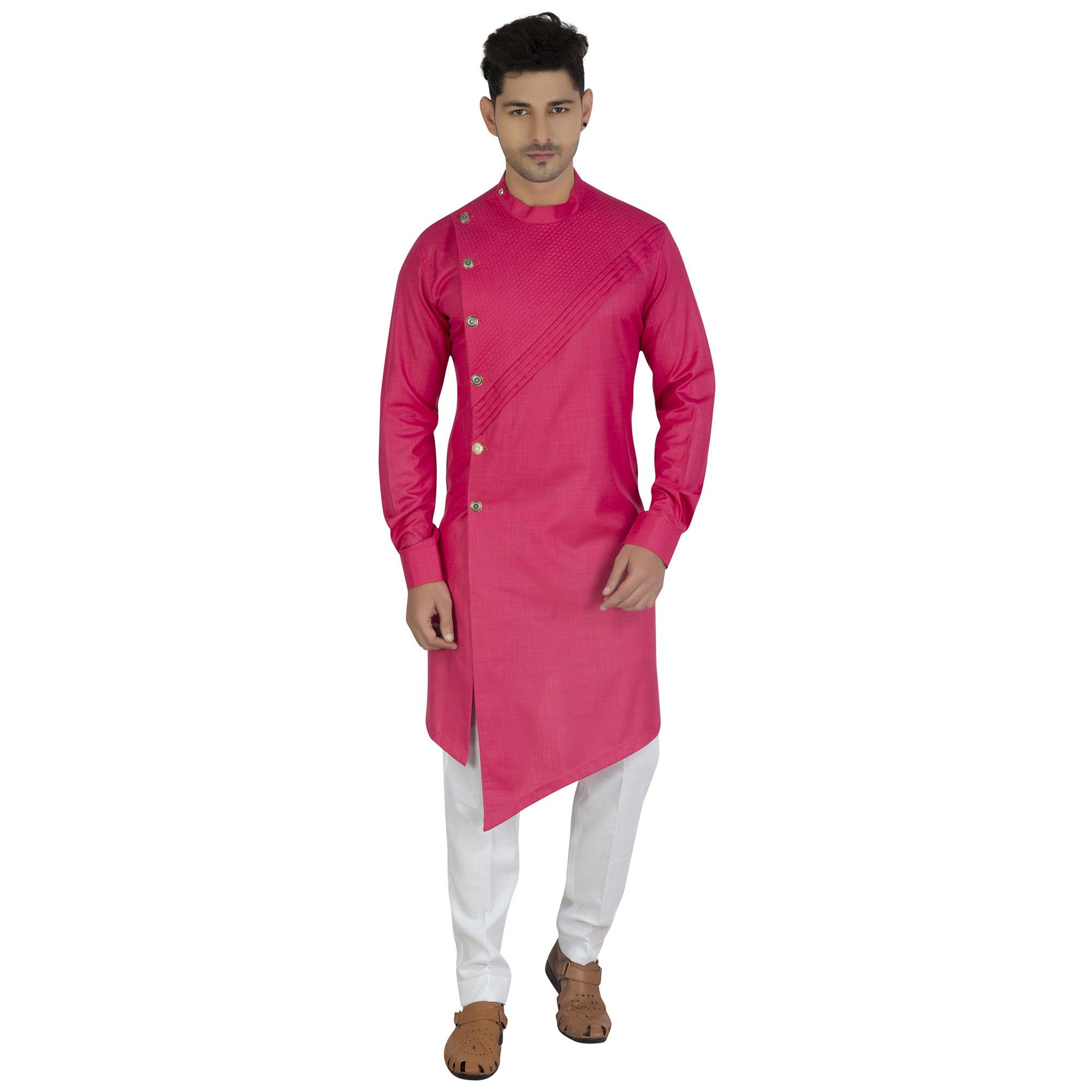 Pink Embroidered Poly Cotton Men's Kurta Pyjama Set - Peachmode