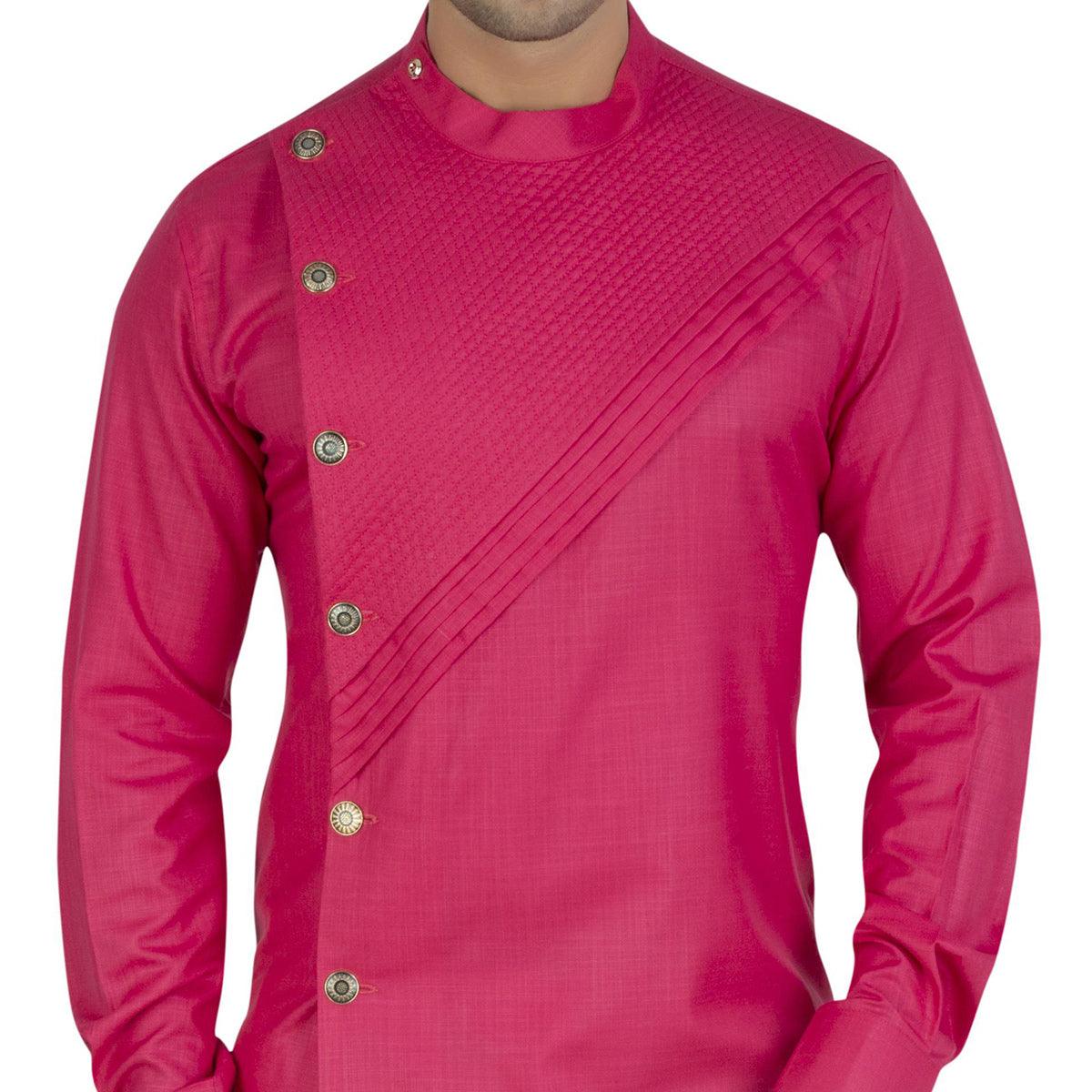 Pink Embroidered Poly Cotton Men's Kurta Pyjama Set - Peachmode