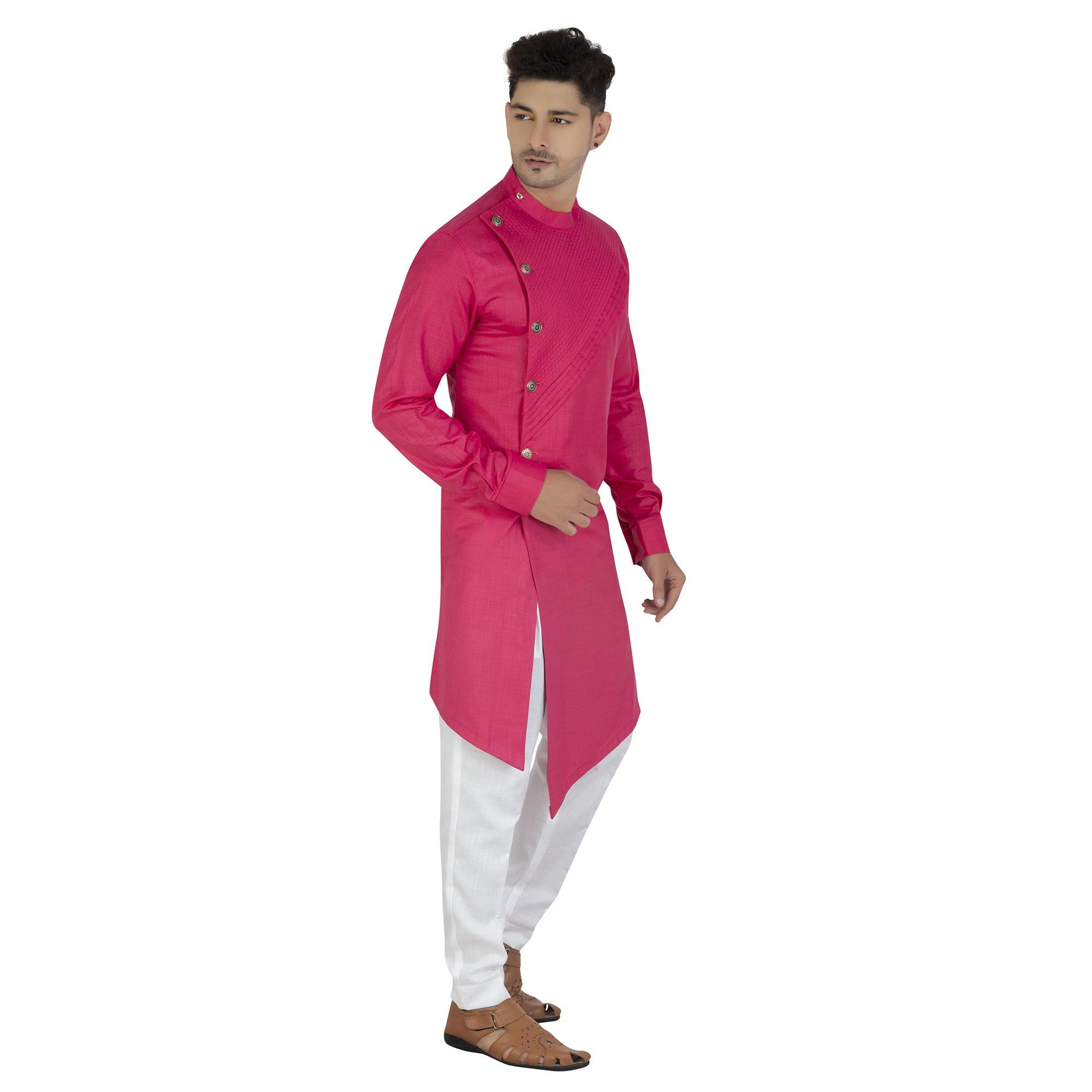 Pink Embroidered Poly Cotton Men's Kurta Pyjama Set - Peachmode