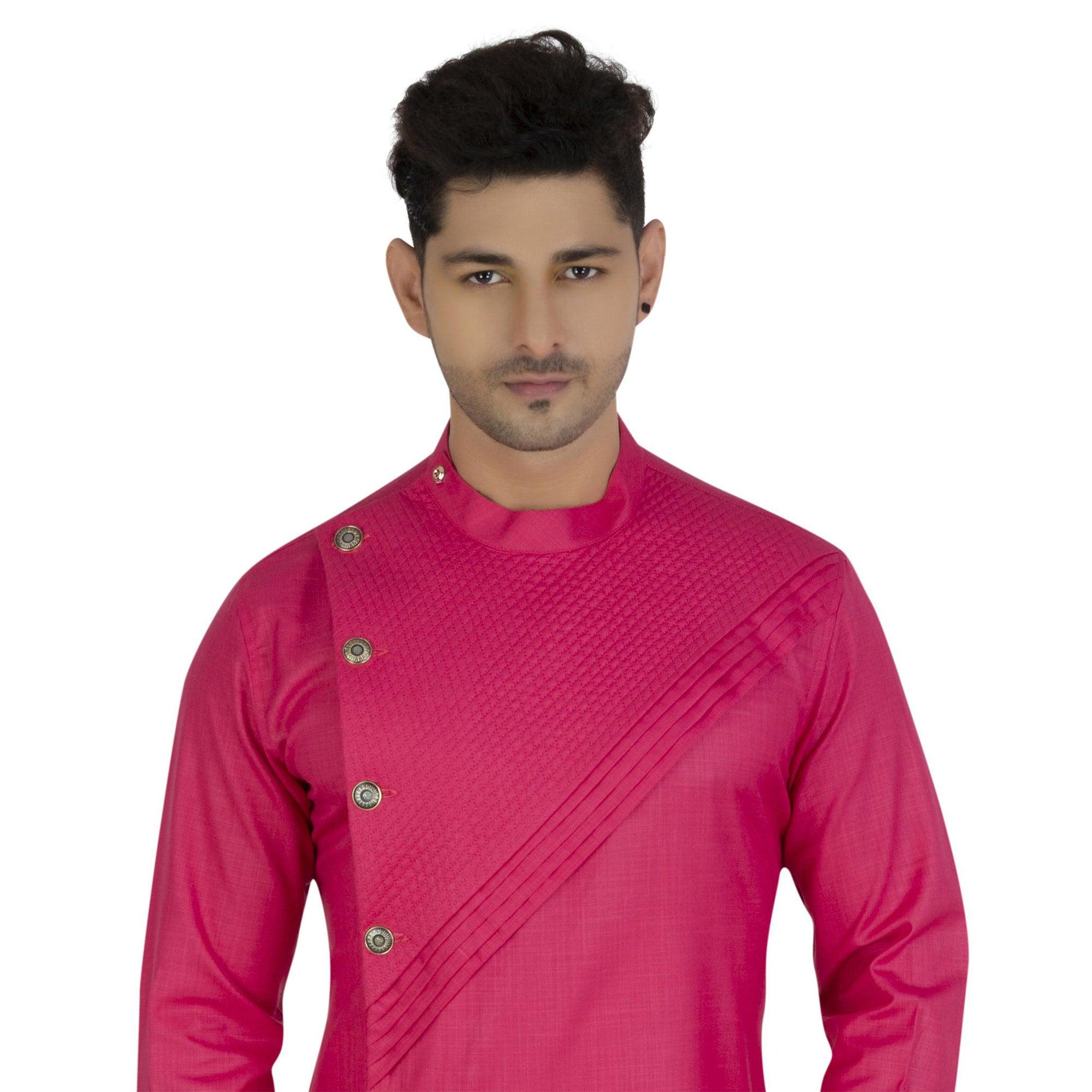 Pink Embroidered Poly Cotton Men's Kurta Pyjama Set - Peachmode