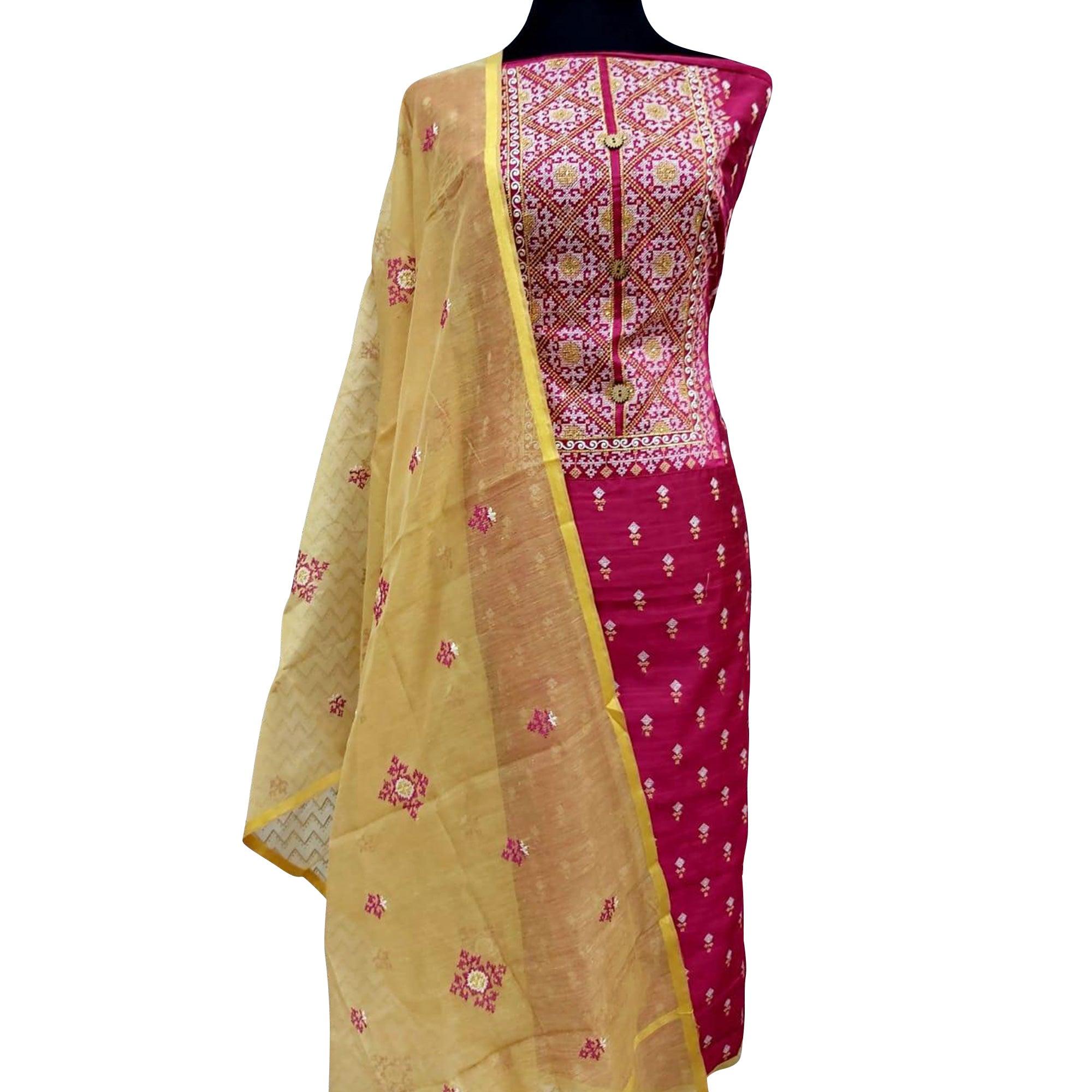 Pink Embroidered Pure Cotton Dress Material - Peachmode