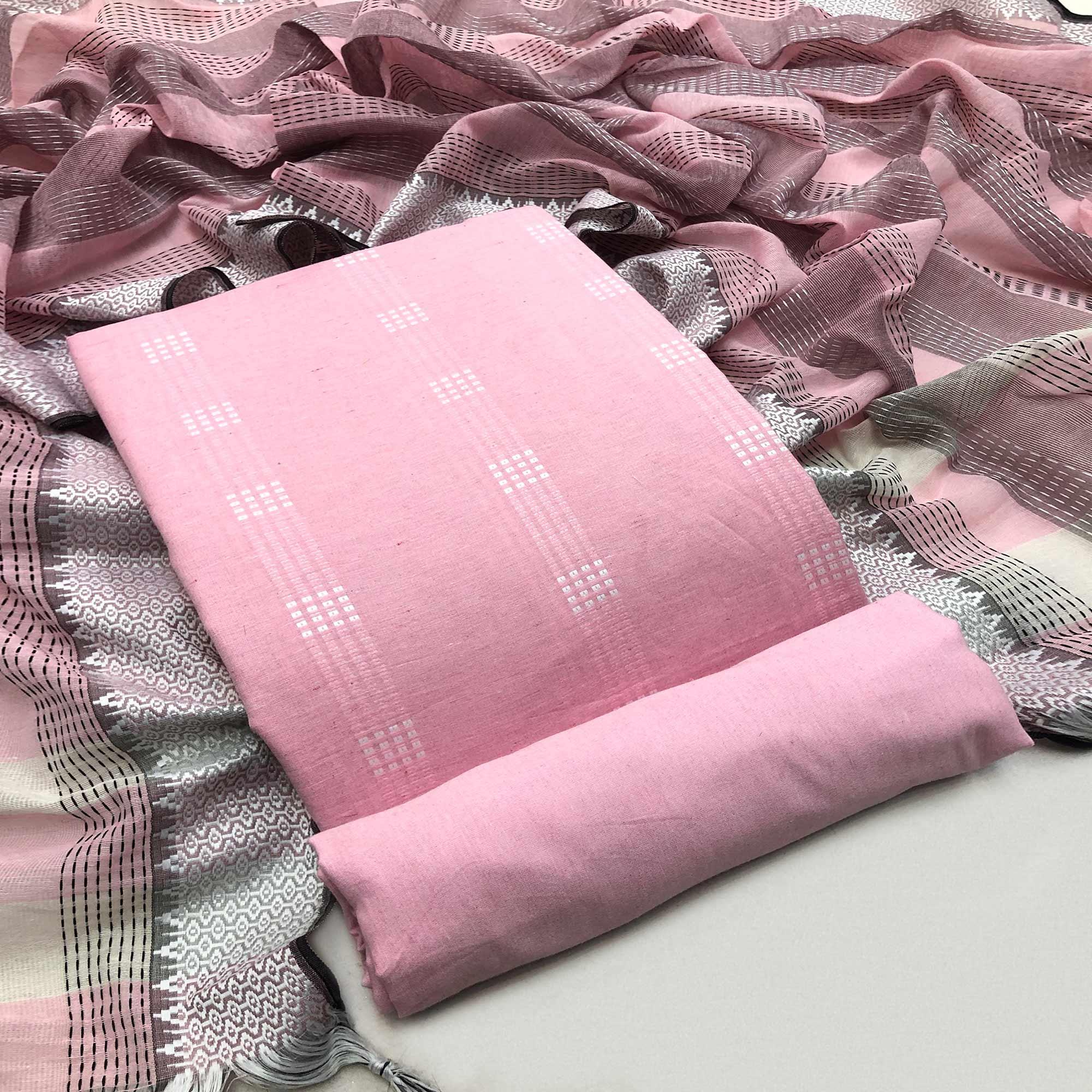 Pink Embroidered Pure Cotton Dress Material - Peachmode