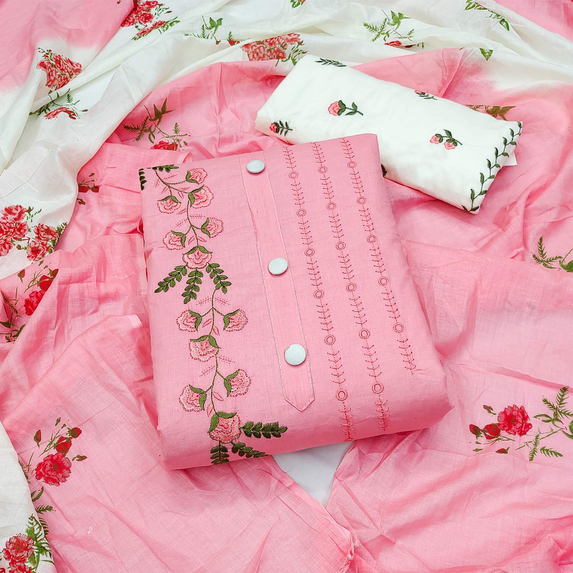 Pink Embroidered Pure Cotton Dress Material - Peachmode
