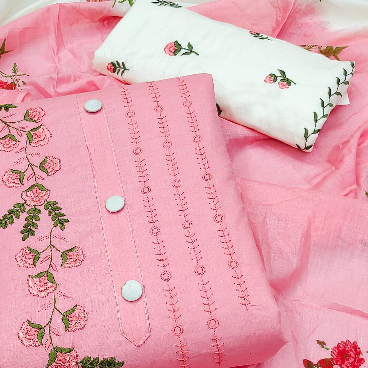 Pink Embroidered Pure Cotton Dress Material - Peachmode