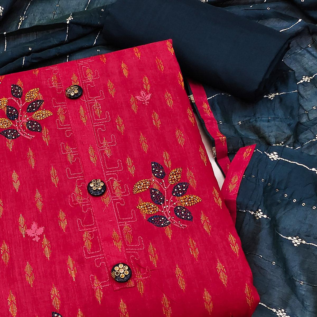 Pink Embroidered Pure Cotton Dress Material - Peachmode