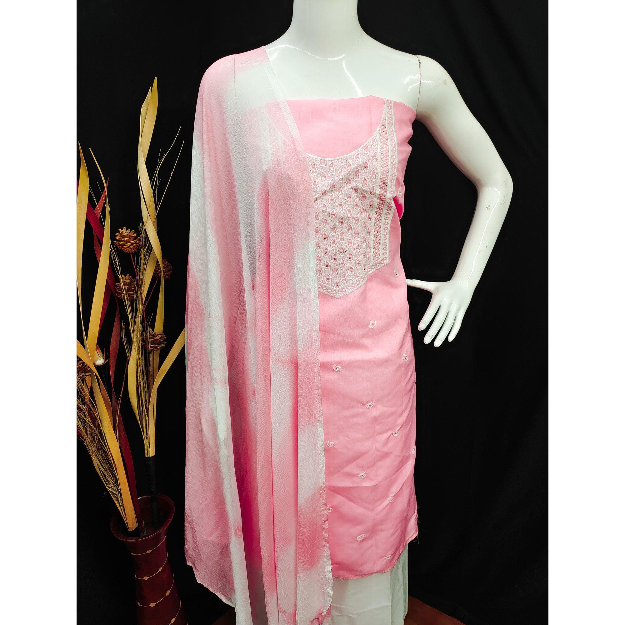 Pink Embroidered Pure Cotton Dress Material - Peachmode