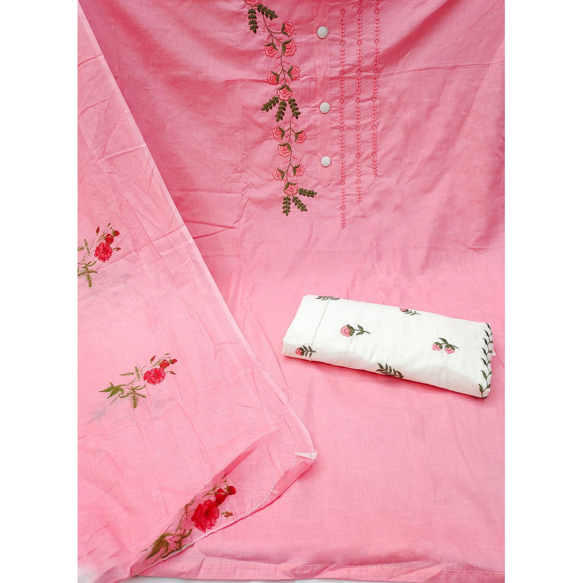 Pink Embroidered Pure Cotton Dress Material - Peachmode