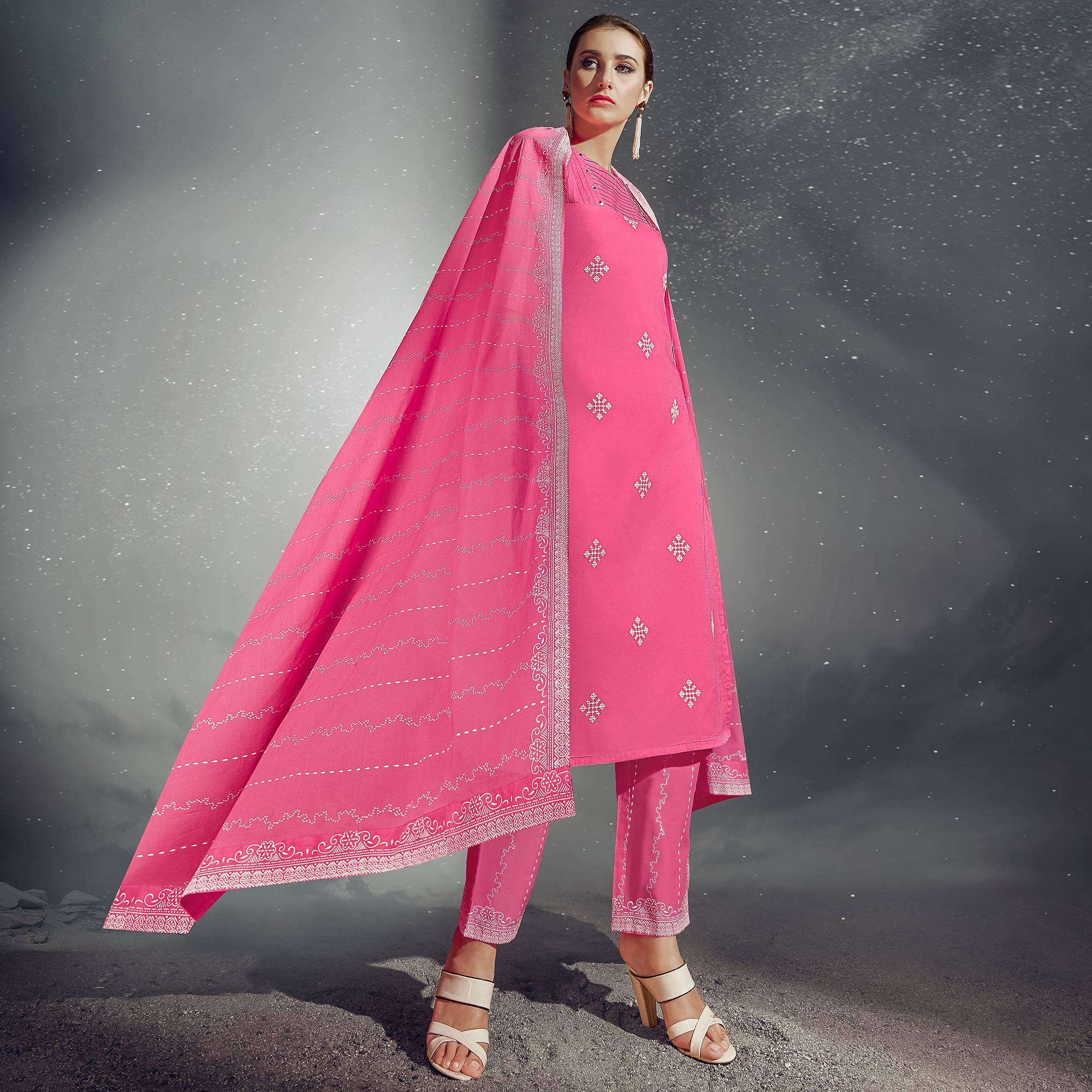 Pink Embroidered Pure Cotton Kurti-Pant Set With Dupatta - Peachmode