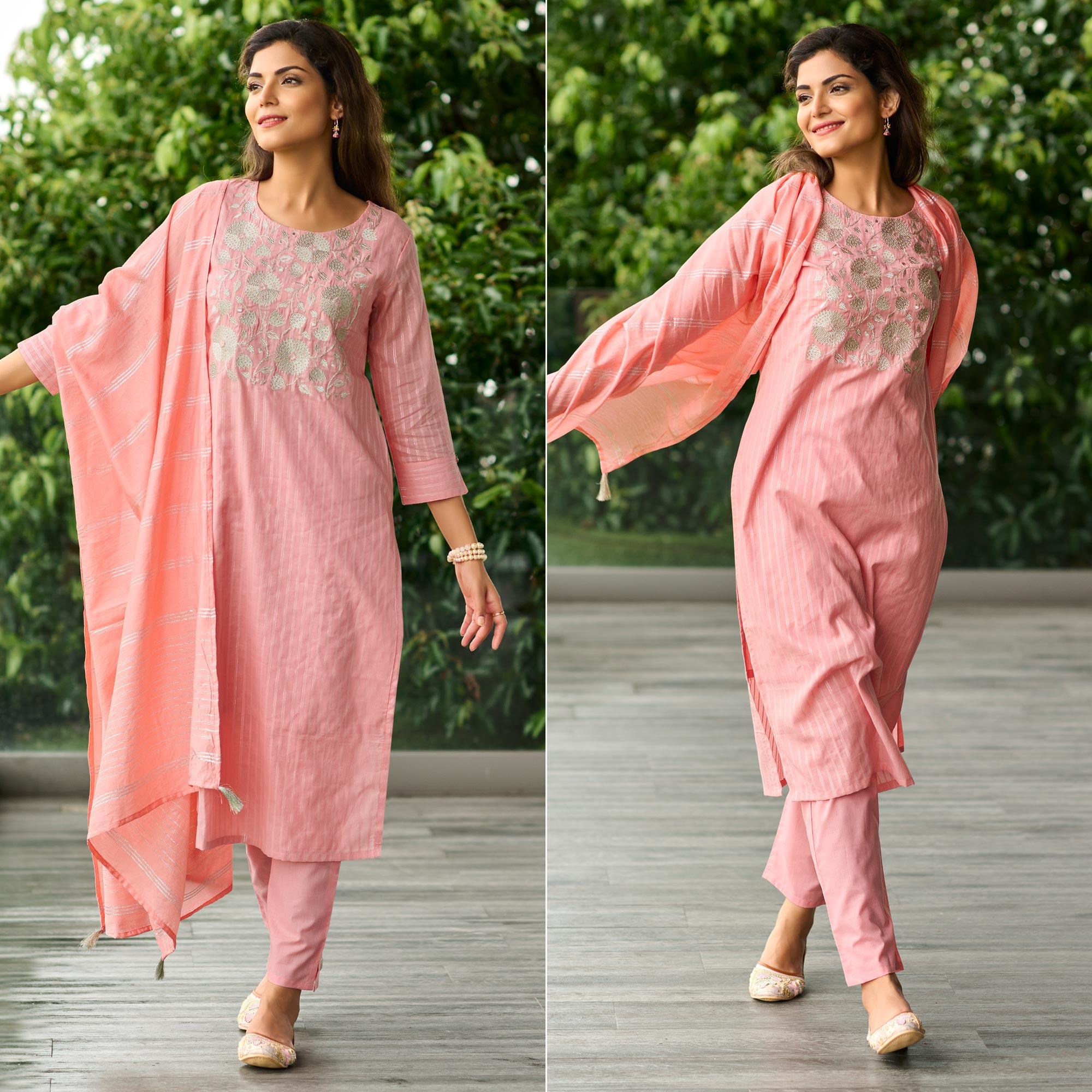Pink Embroidered Pure Cotton Kurti Pant Set With Dupatta M
