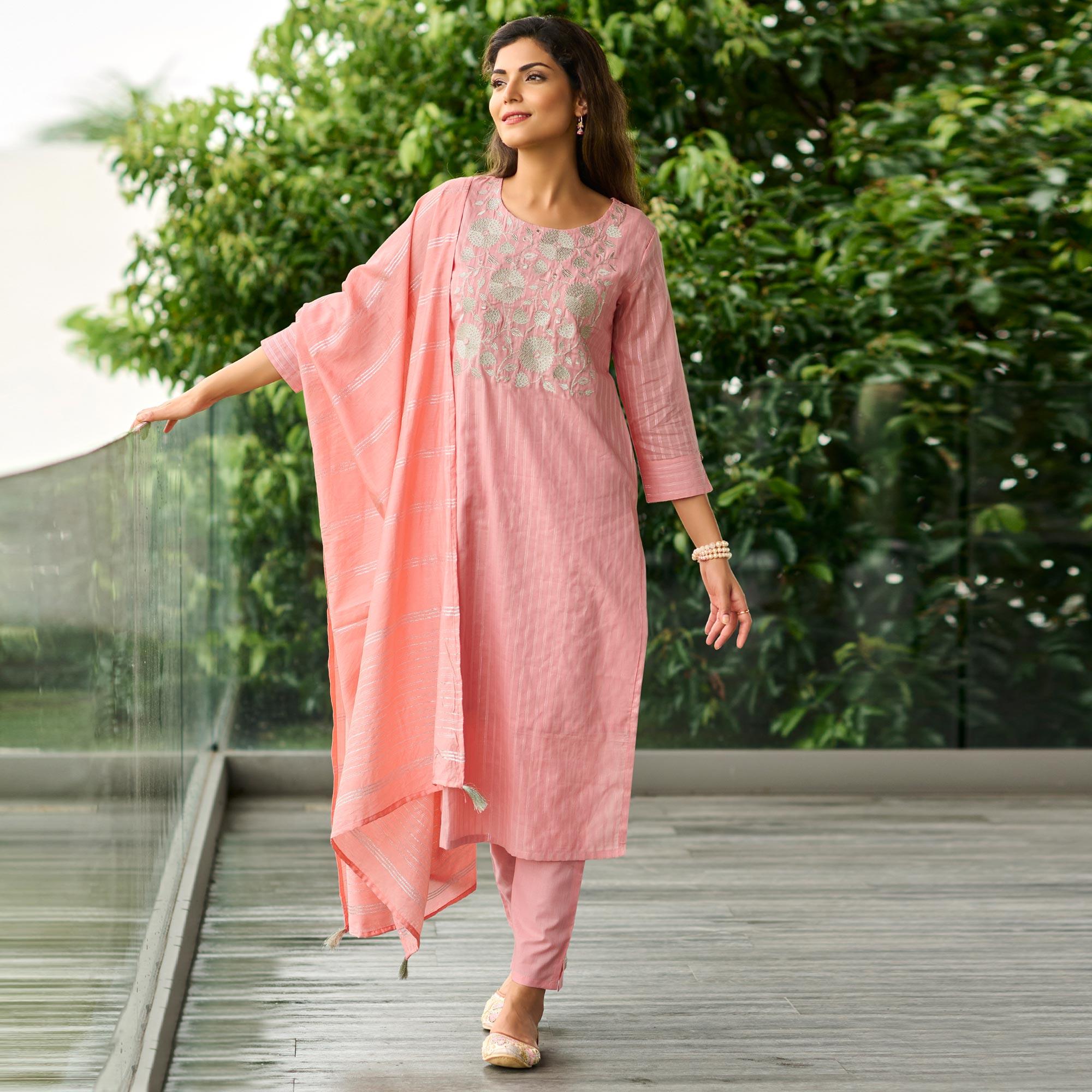 Pink Embroidered Pure Cotton Kurti Pant Set With Dupatta - Peachmode