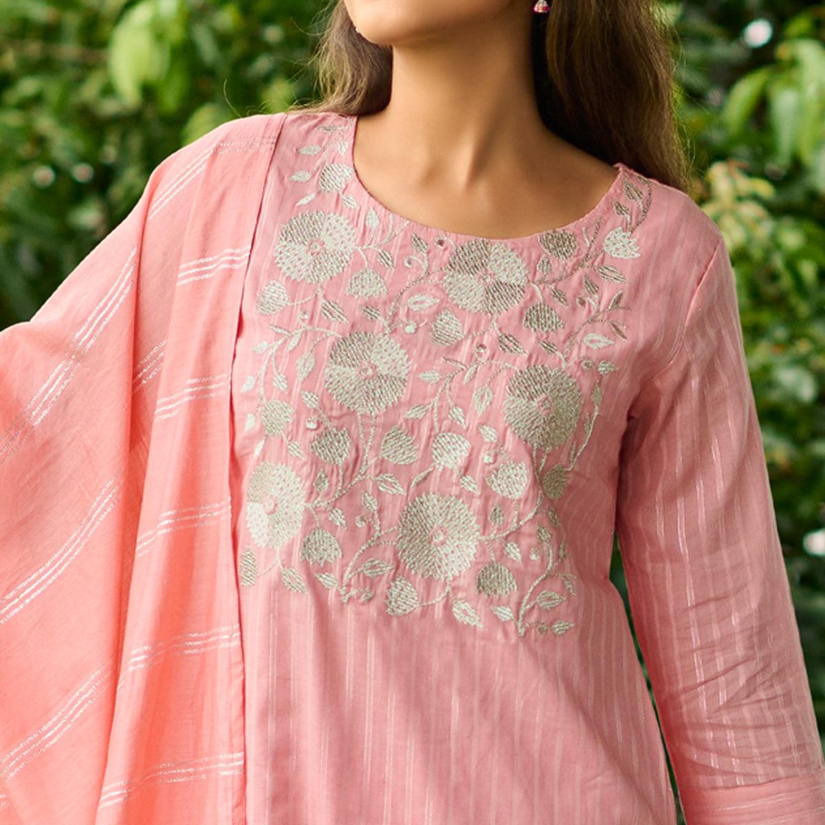 Pink Embroidered Pure Cotton Kurti Pant Set With Dupatta - Peachmode