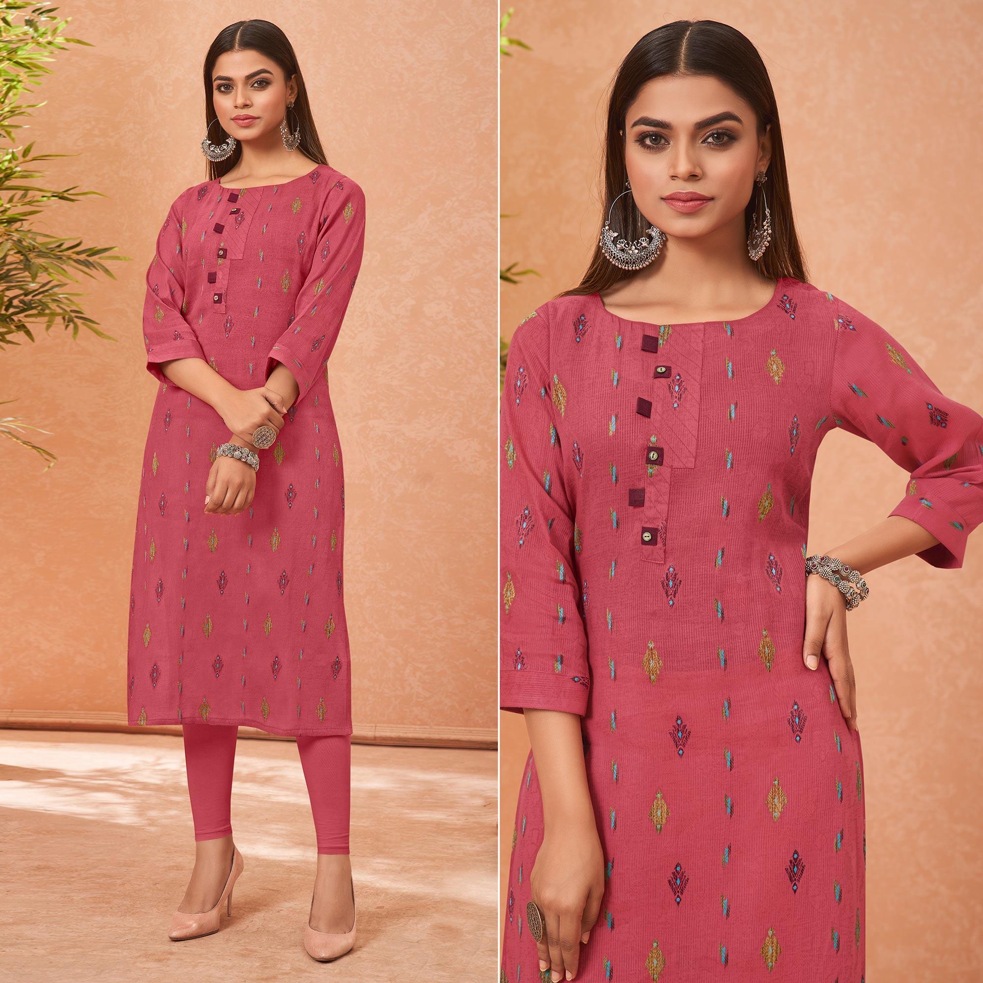 Pink Embroidered Pure Cotton Kurti - Peachmode