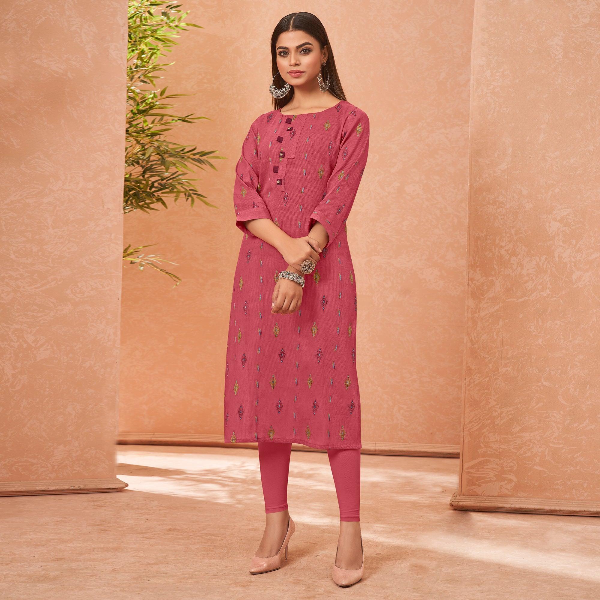 Pink Embroidered Pure Cotton Kurti - Peachmode