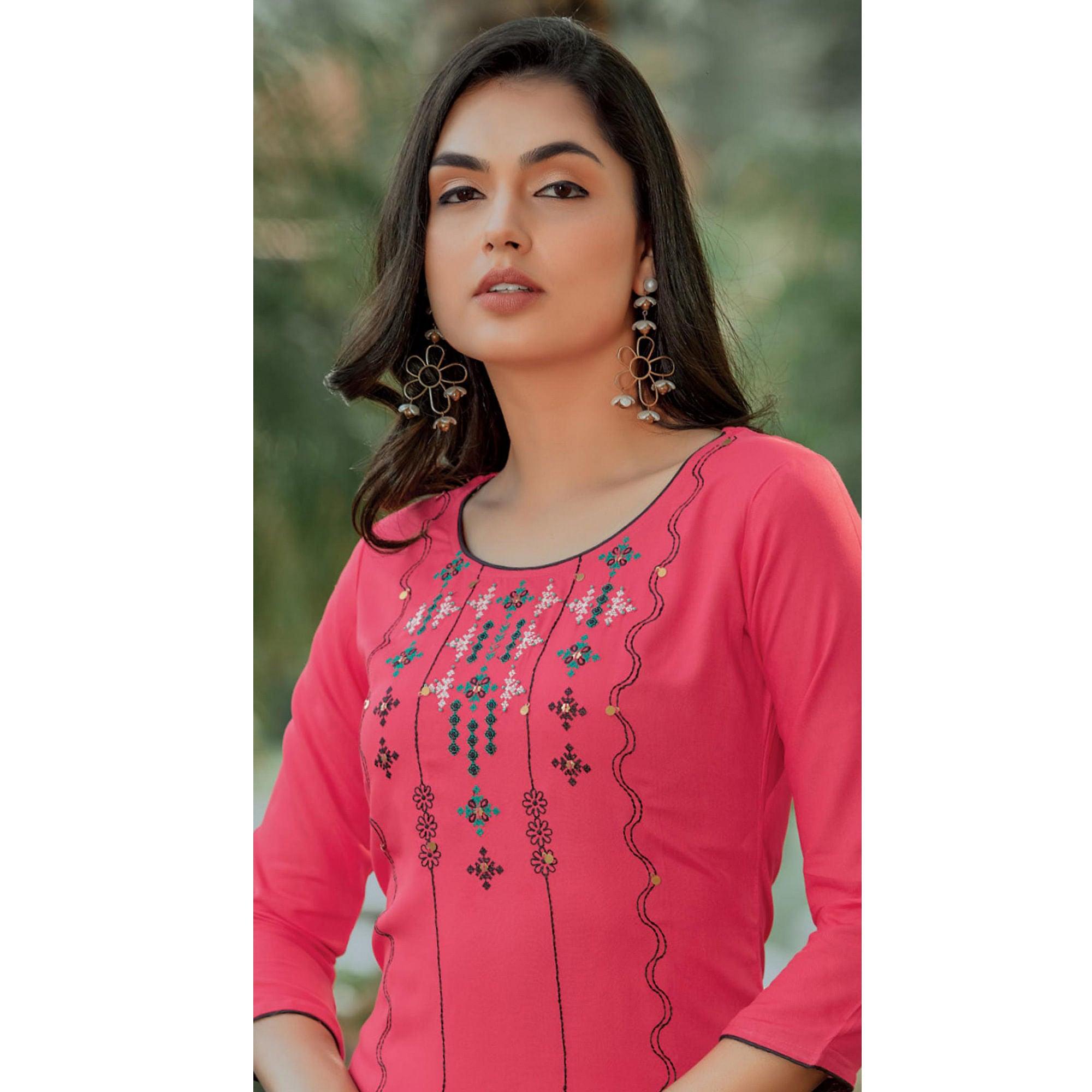Pink Embroidered Pure Cotton Kurti - Peachmode