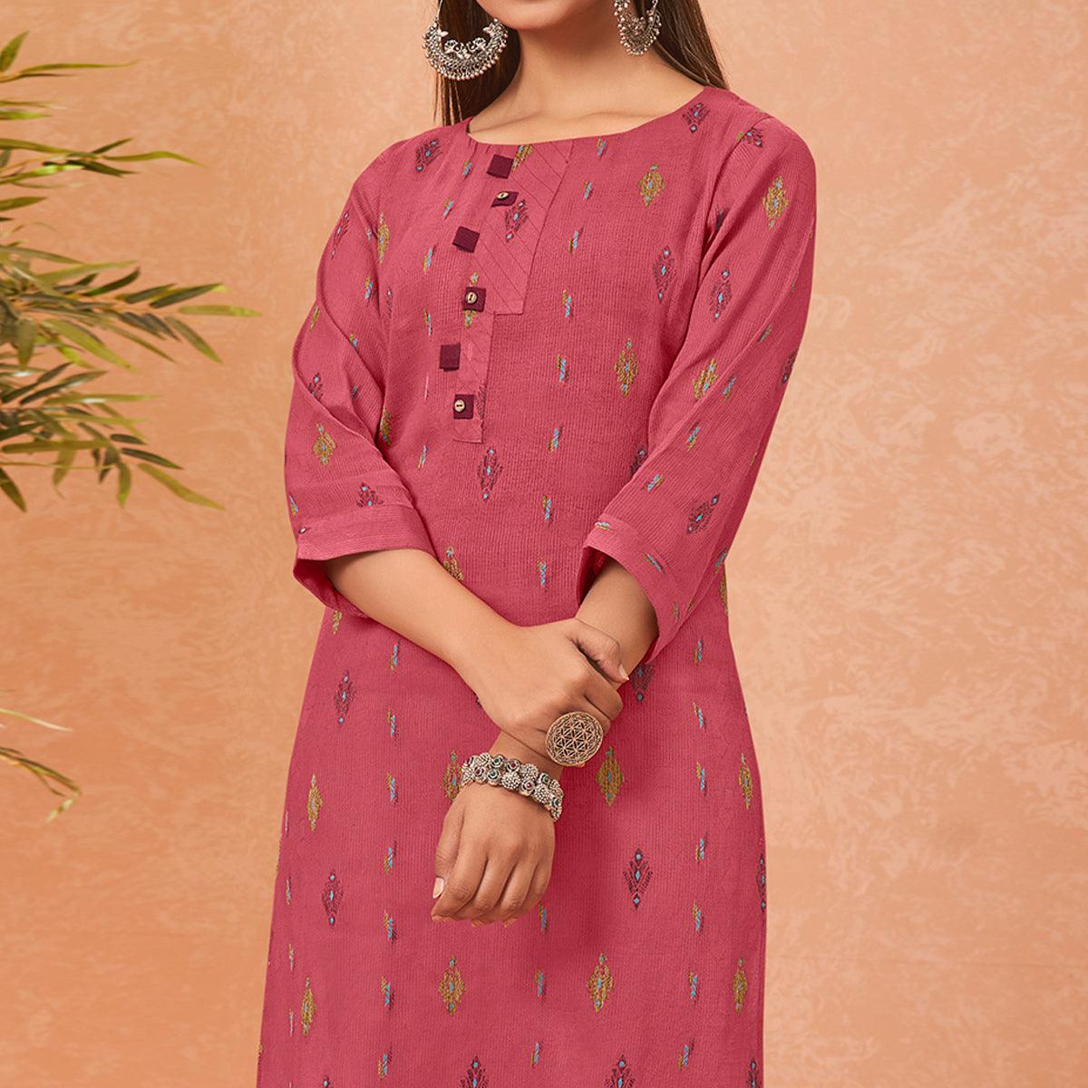 Pink Embroidered Pure Cotton Kurti - Peachmode