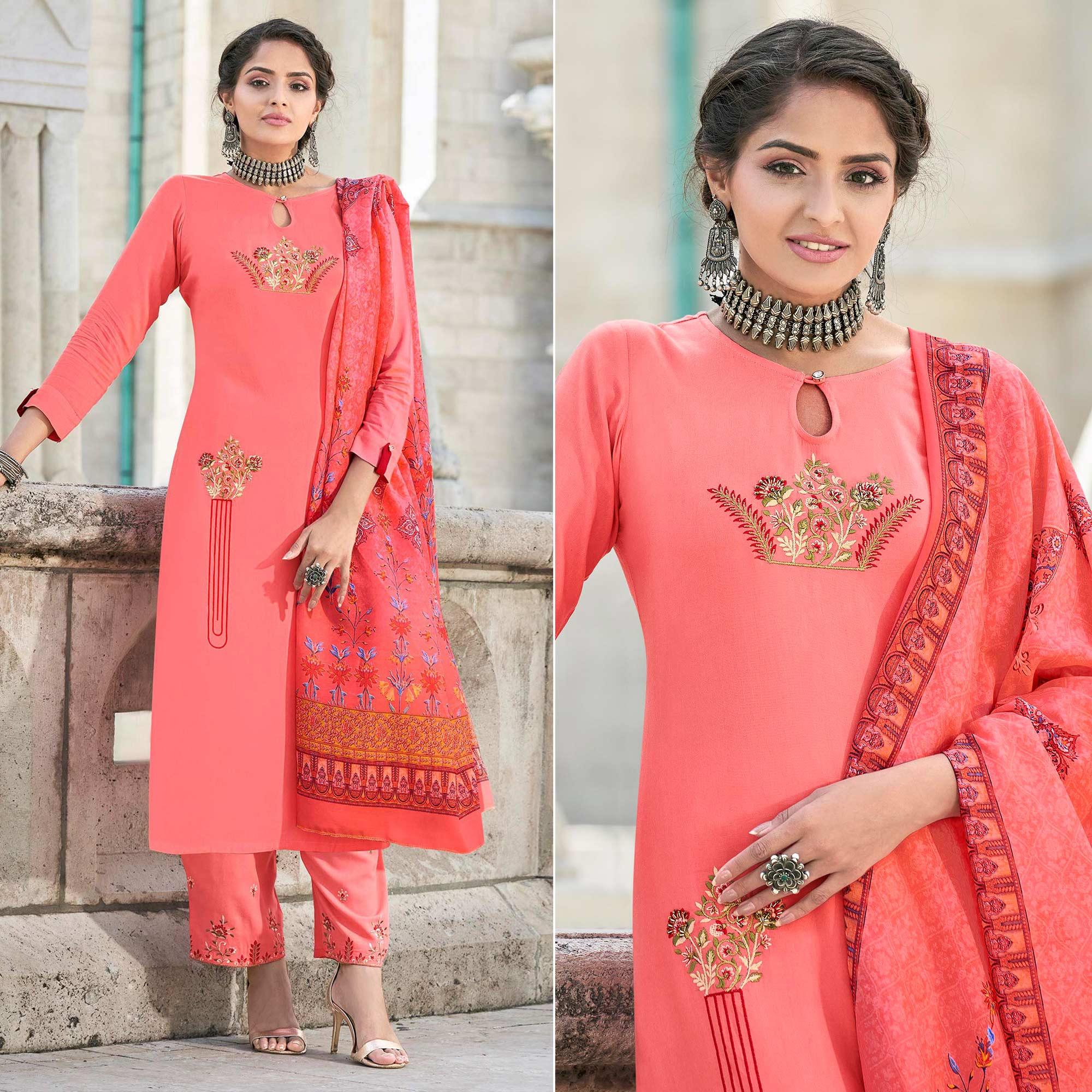 Pink Embroidered Rayon Kurti Pant Set With Dupatta - Peachmode
