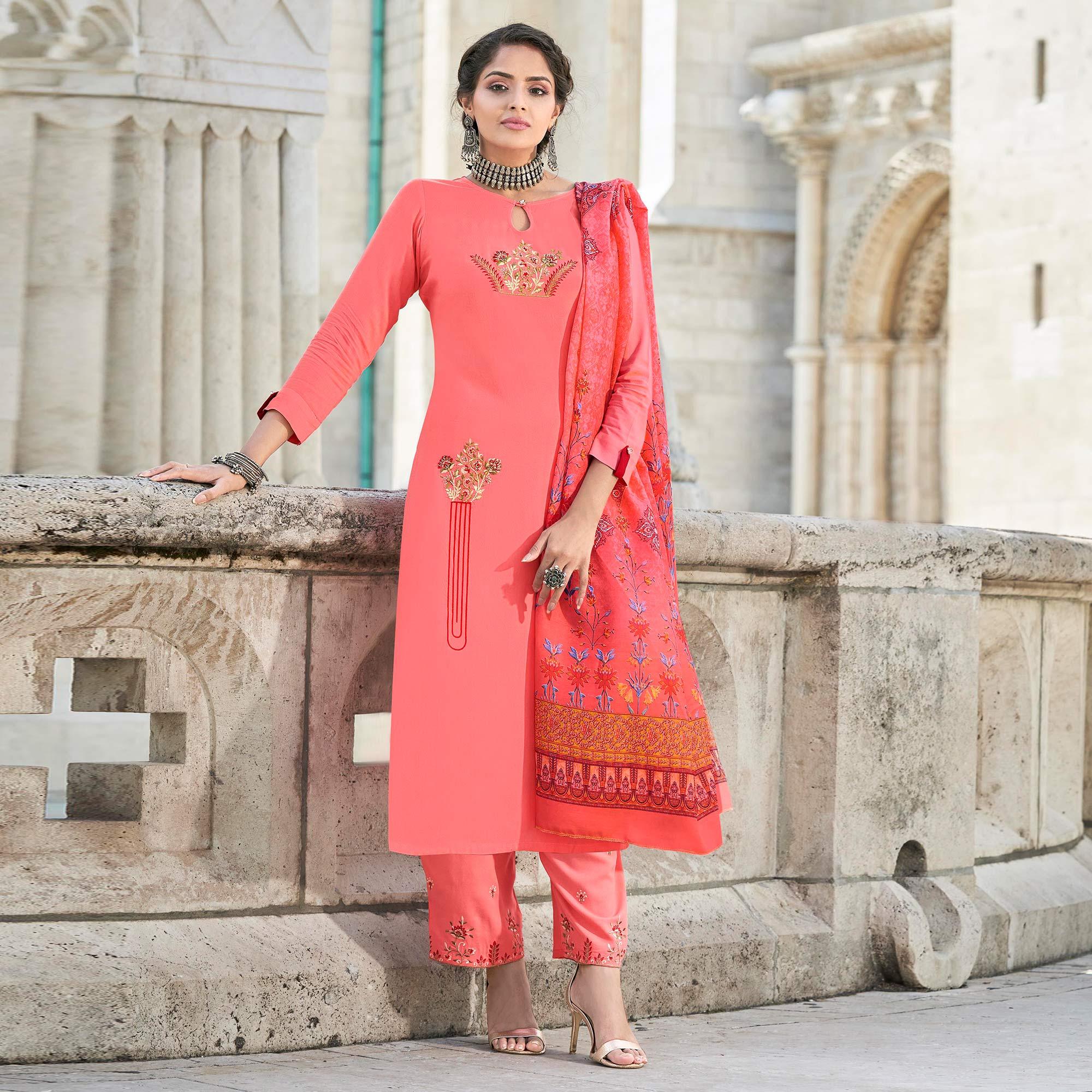 Pink Embroidered Rayon Kurti Pant Set With Dupatta - Peachmode