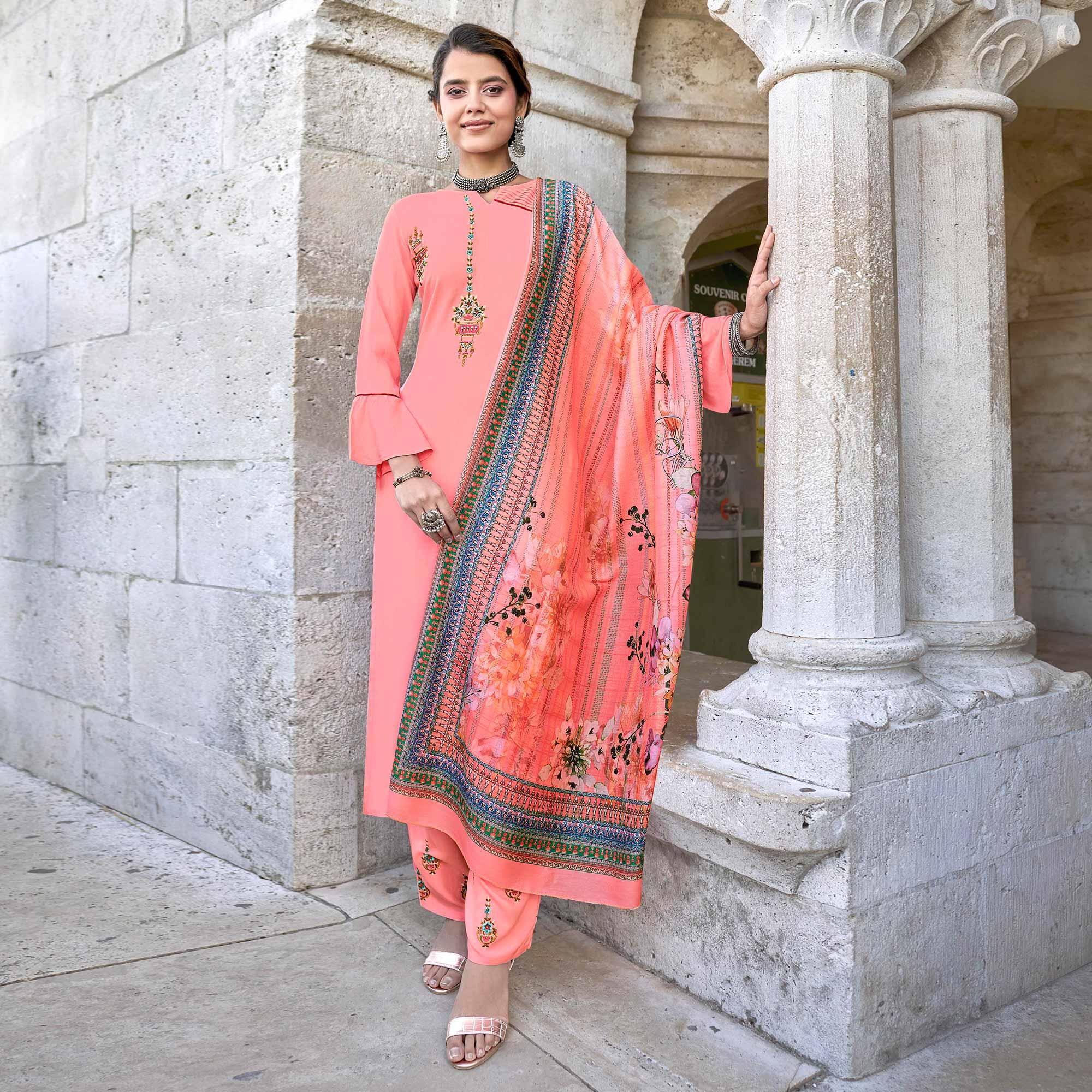 Pink Embroidered Rayon Kurti Pant Set With Dupatta - Peachmode