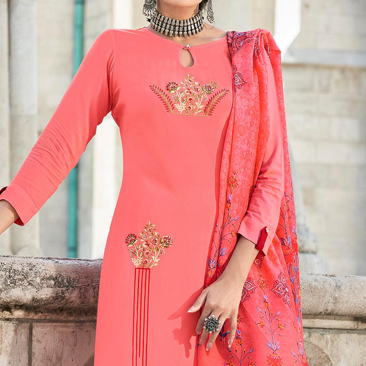 Pink Embroidered Rayon Kurti Pant Set With Dupatta - Peachmode