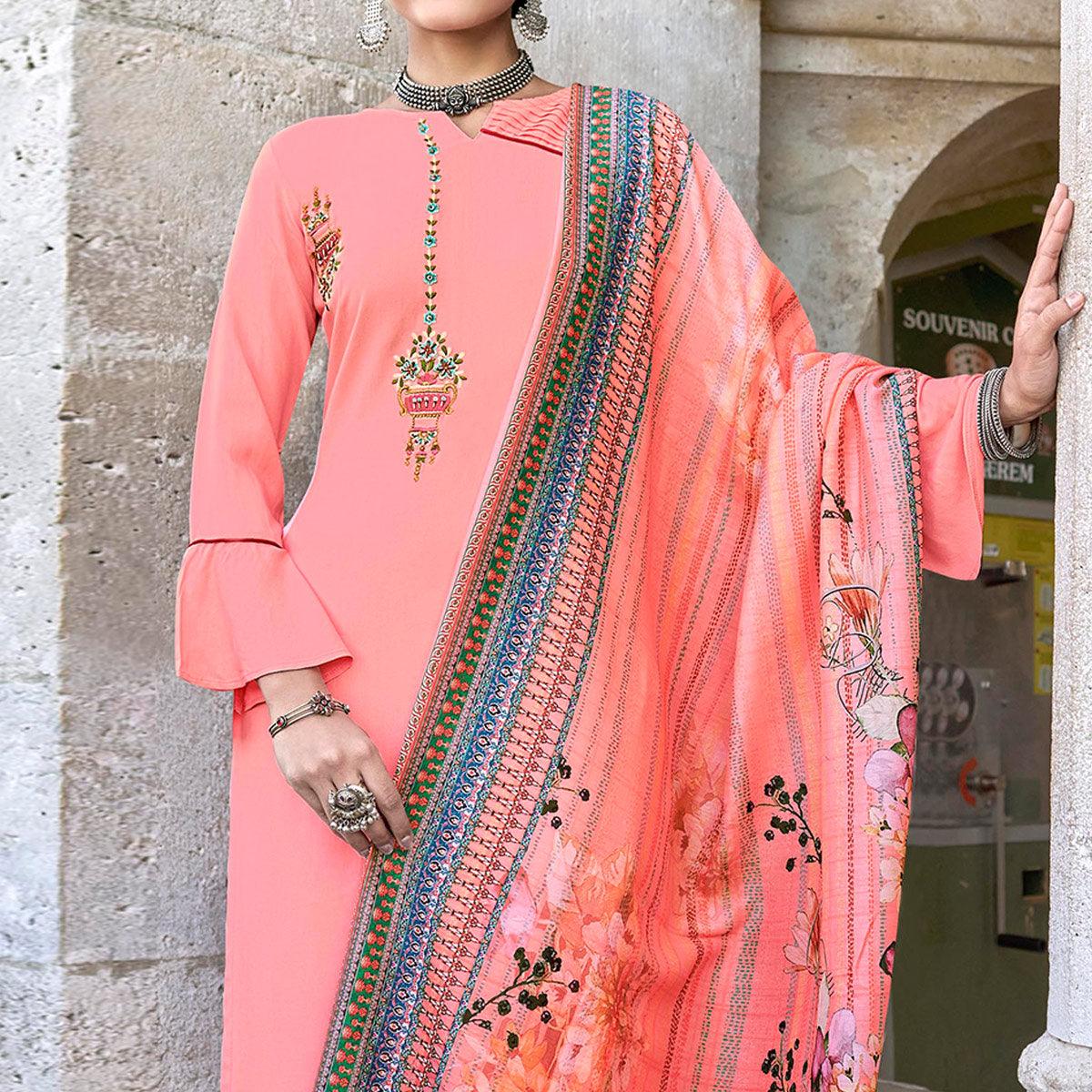 Pink Embroidered Rayon Kurti Pant Set With Dupatta - Peachmode