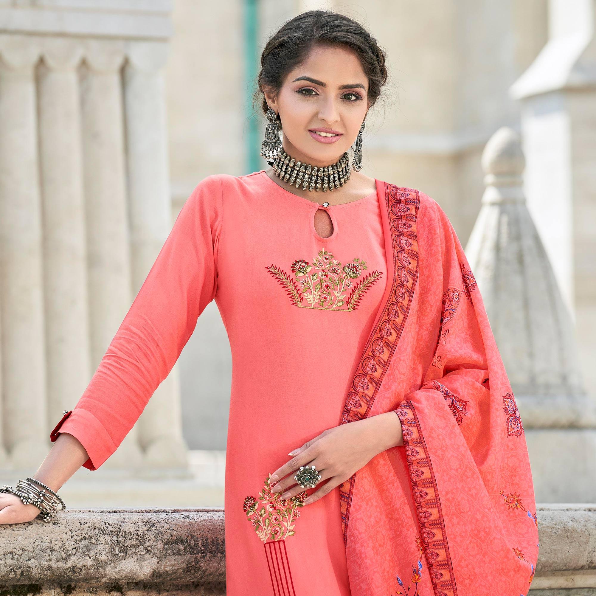 Pink Embroidered Rayon Kurti Pant Set With Dupatta - Peachmode