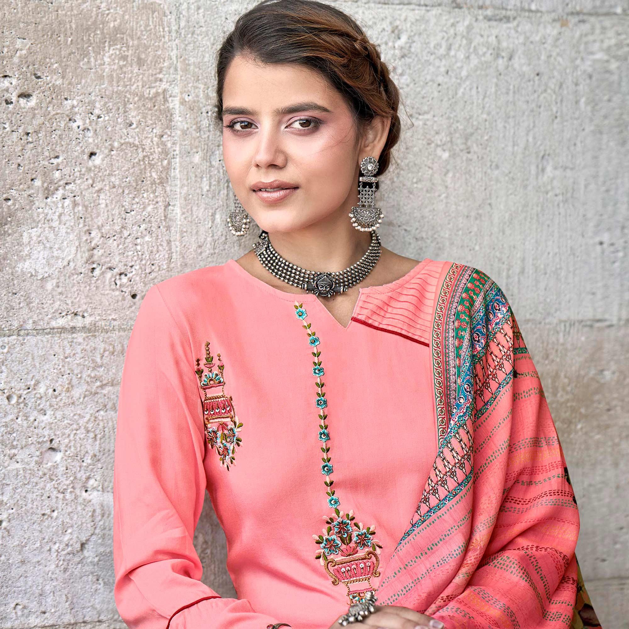 Pink Embroidered Rayon Kurti Pant Set With Dupatta - Peachmode